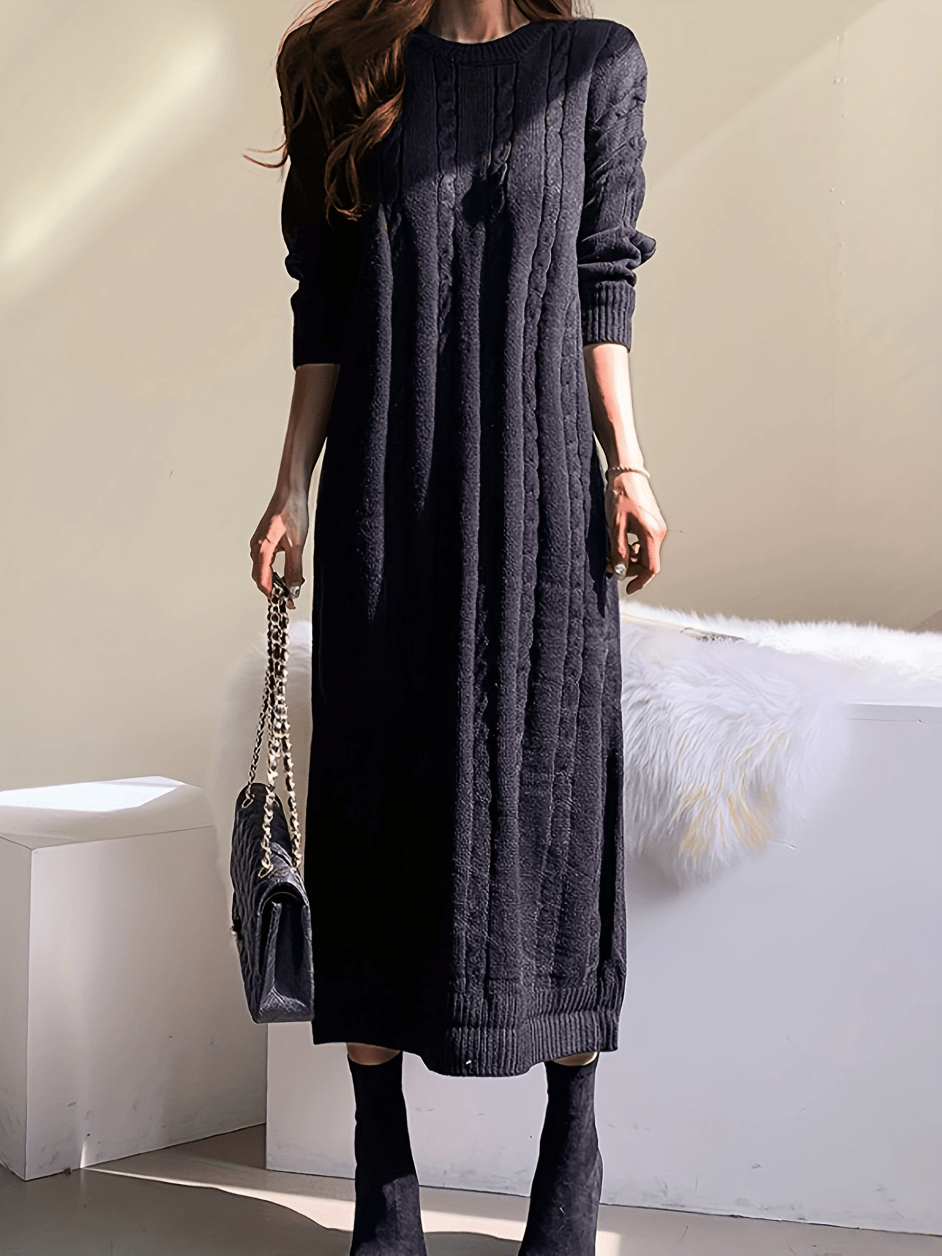 Sixsr Solid Cable Knit Sweater Dress, Casual Long Sleeve Midi Dress, Women's Clothing