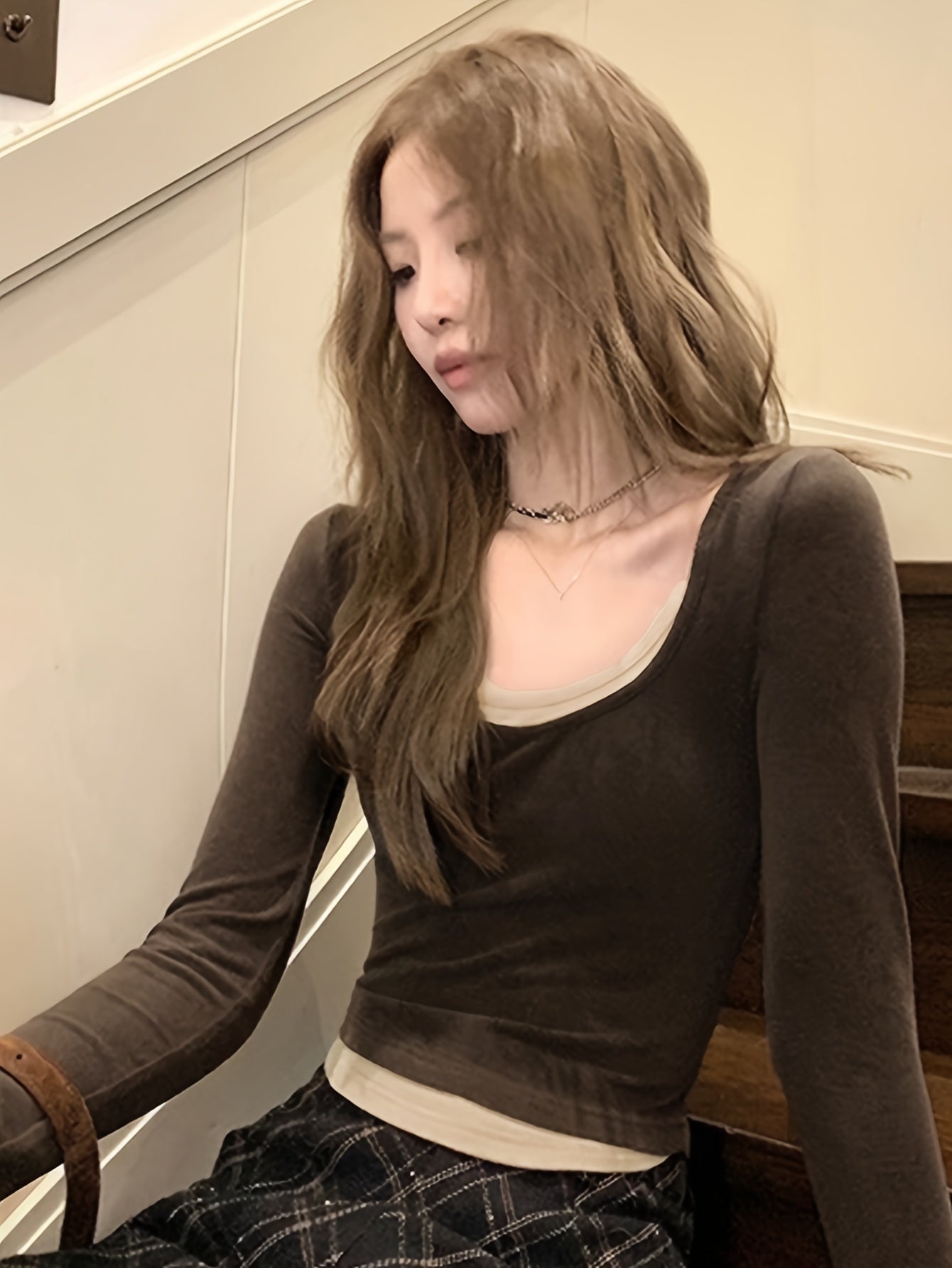 Sixsr Contrast Trim Crew Neck Crop T-Shirt, Casual Long Sleeve T-Shirt For Spring & Fall, Women's Clothing