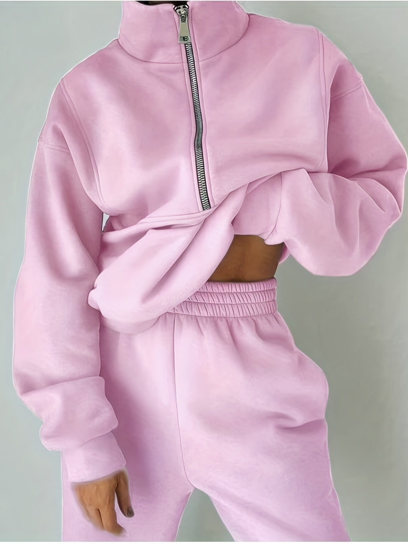 Sixsr Casual Matching Two-piece Set, Zip Up Sweatshirt & Solid Sweatpants Outfits, Women's Clothing