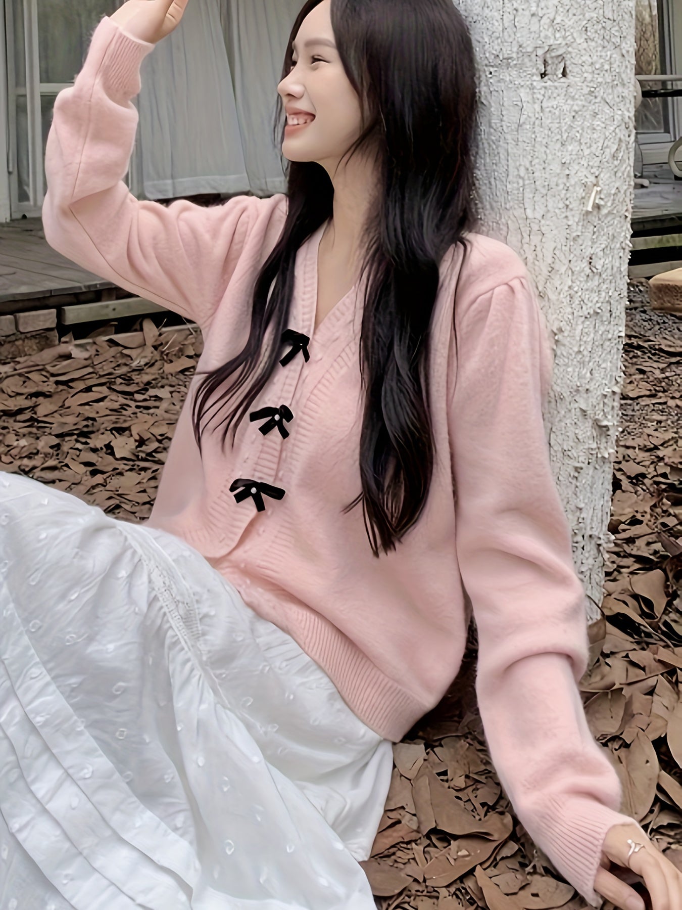 Sixsr Bow Button Front Knit Cardigan, Casual Long Sleeve Sweet Sweater For Fall & Winter, Women's Clothing