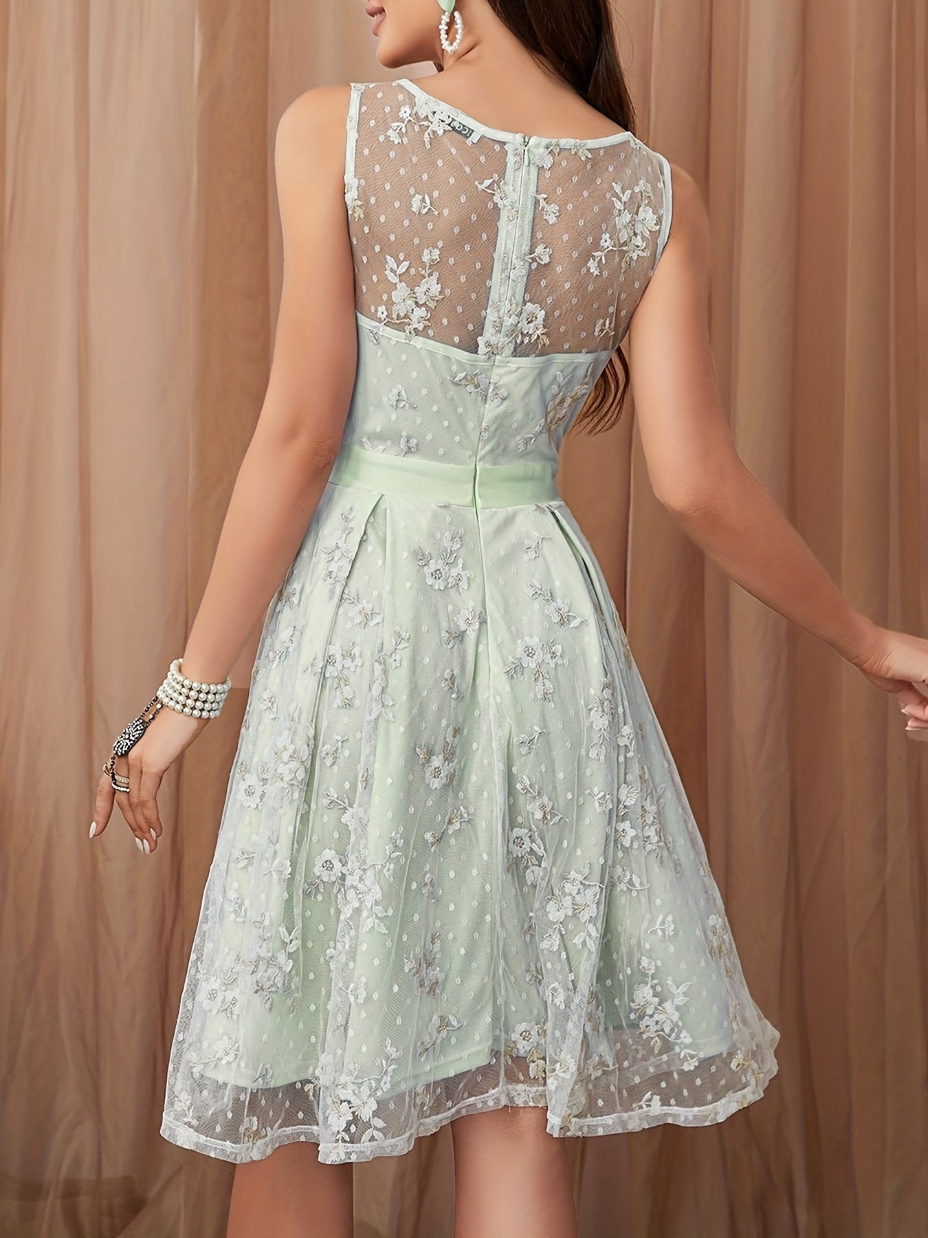 Sixsr Floral Embroidered Mesh Stitching Dress, Casual Pleated Sleeveless Tank Dress For Spring & Summer, Women's Clothing