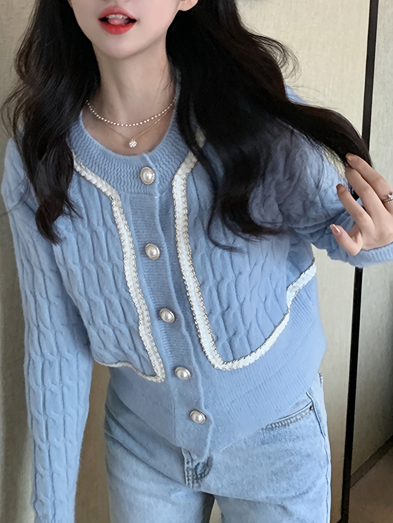 Sixsr Cable Knit Button Up Cardigan, Casual Crew Neck Long Sleeve Sweater, Women's Clothing