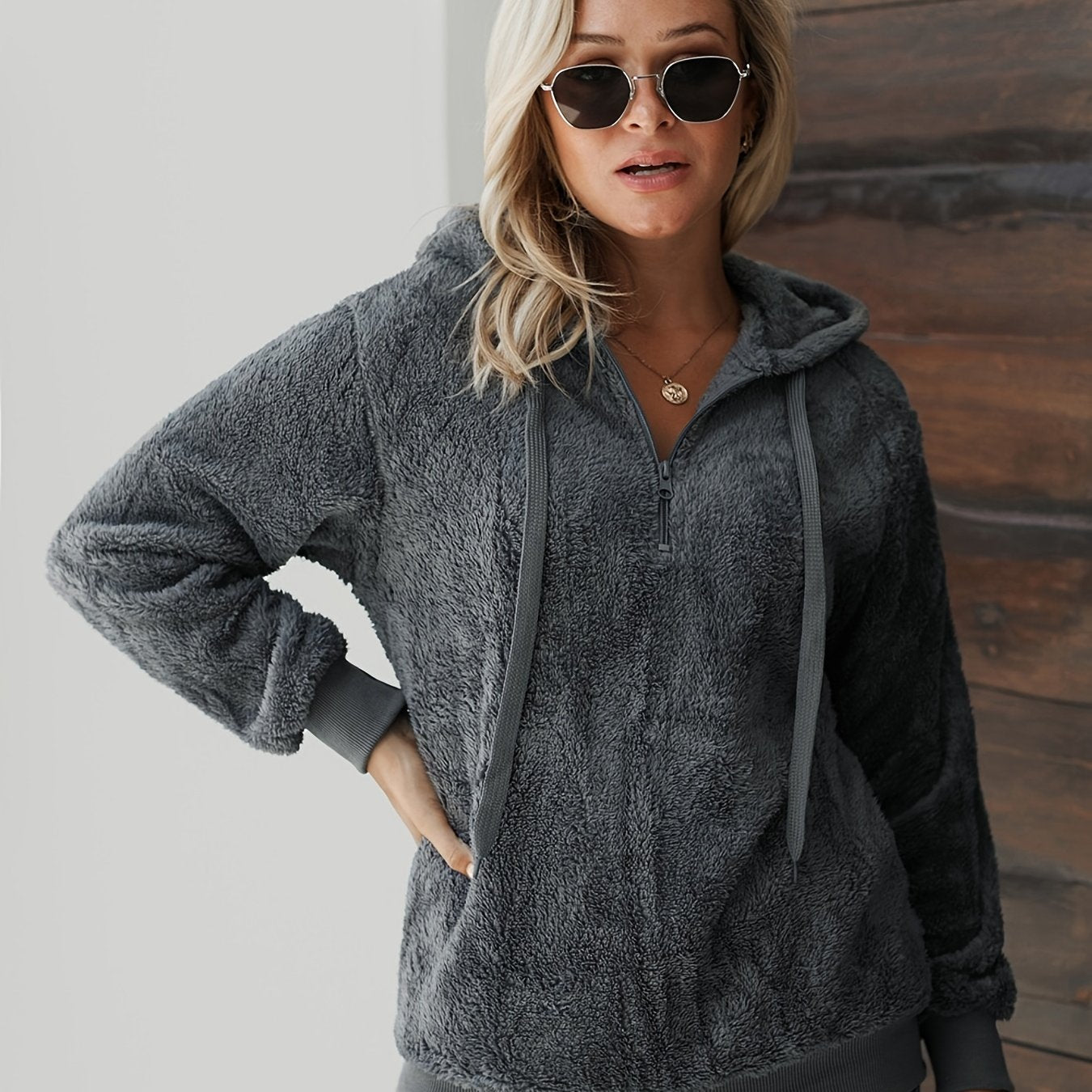 Sixsr Casual Drop Shoulder Drawstring Teddy Hoodie, Women's Solid Long Sleeve Half Zipper Sweatshirt Top