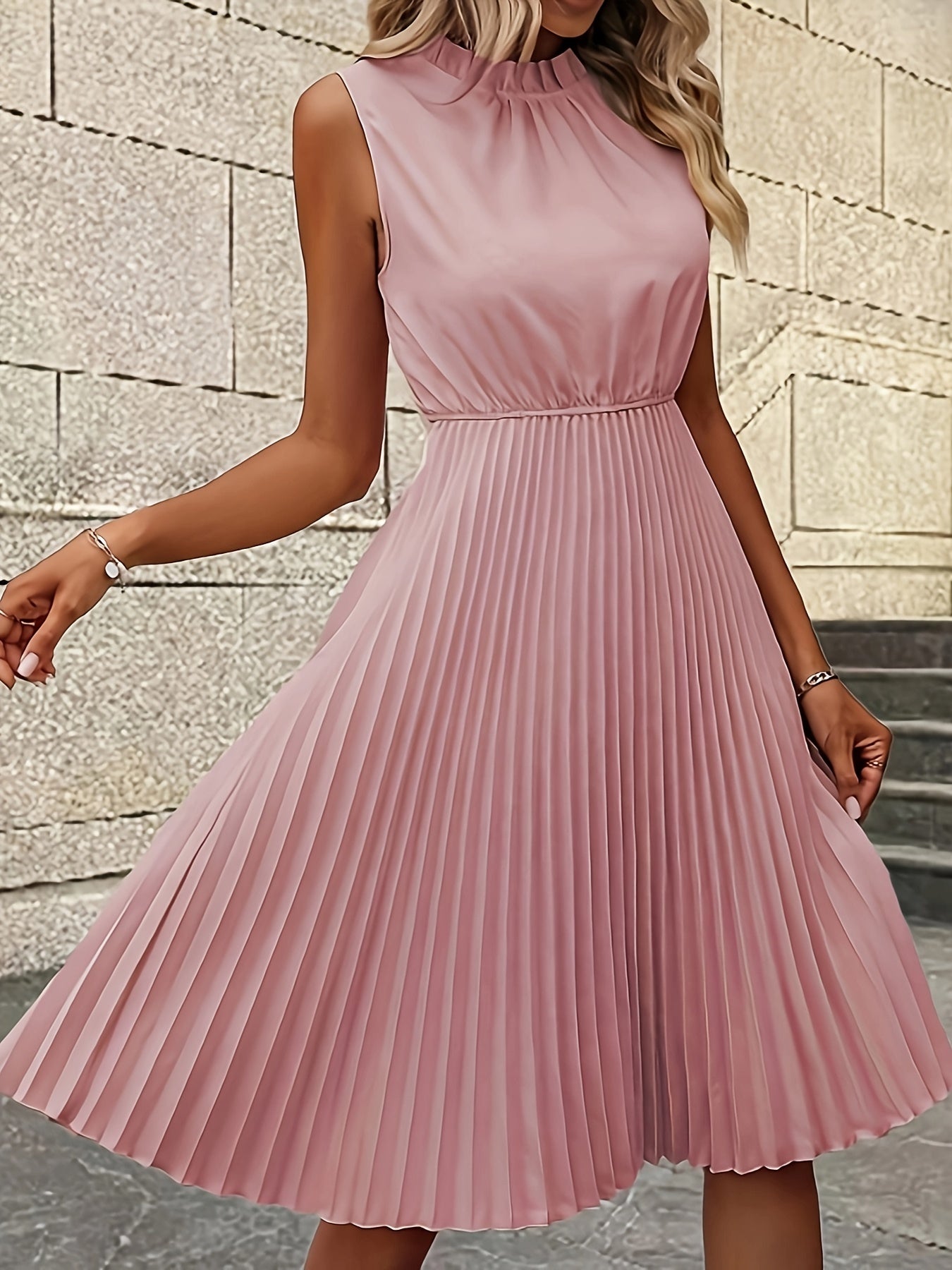 Pleated Sleeveless Dress, Casual Cinched Waist Solid Keyhole Dress, Women's Clothing