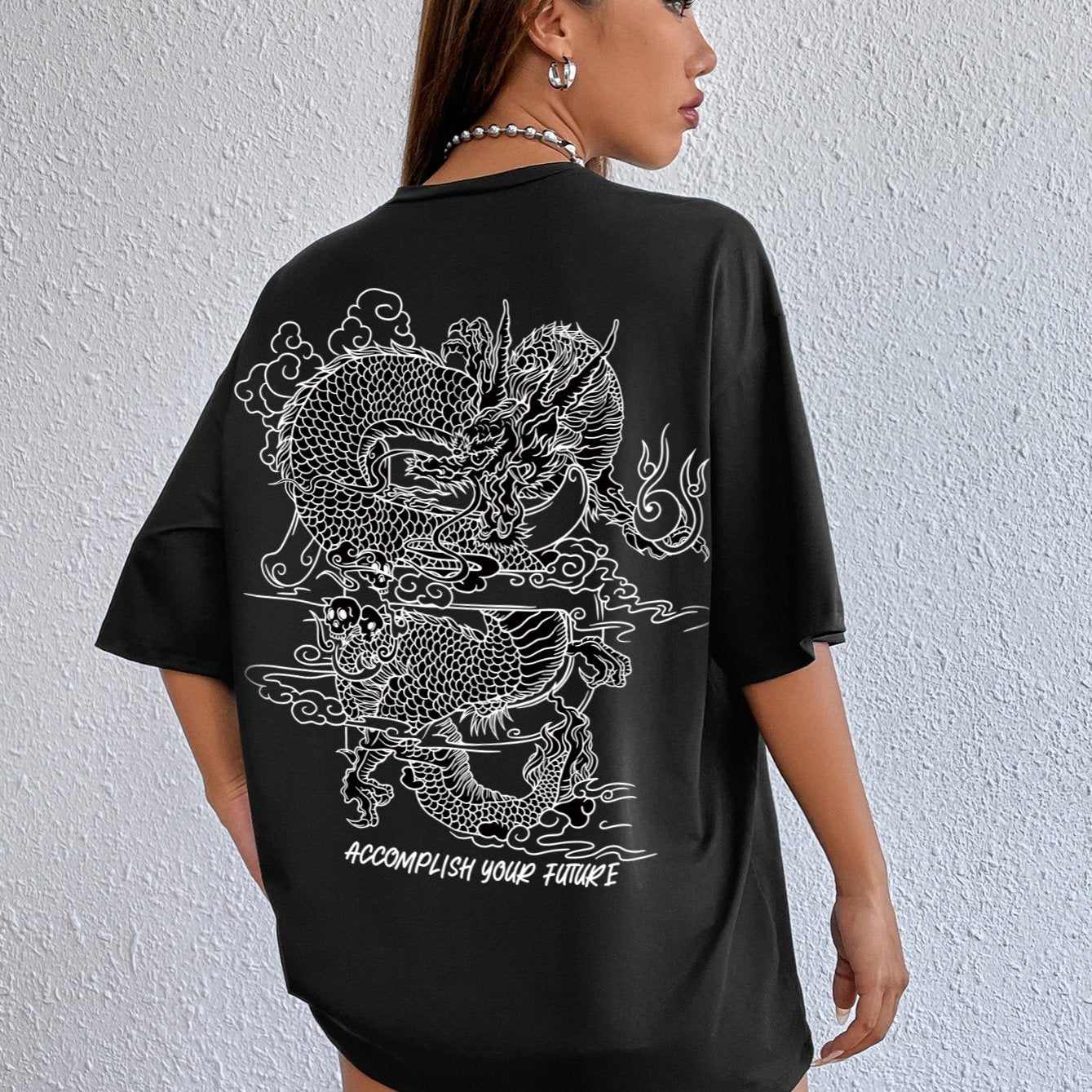 Sixsr Casual Crew Neck Dragon Print Short Sleeve Loose Fashion Summer T-shirt, Women's Clothing