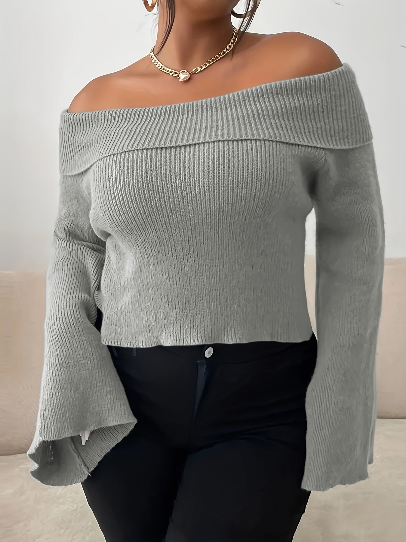 Sixsr Plus Size Casual Sweater, Women's Plus Solid Off Shoulder Bell Sleeve Slight Stretch Jumper