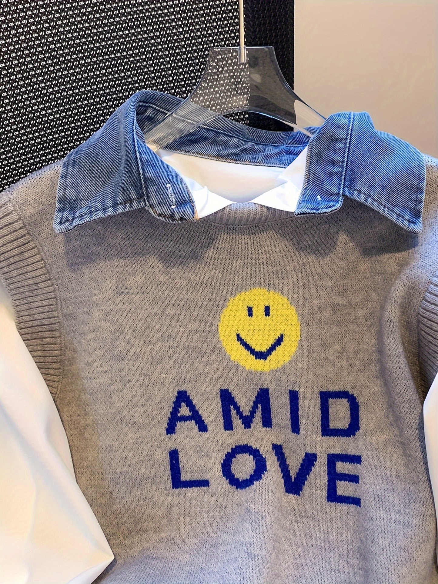 Smile Face & Letter Print Sweater Vest, Casual Sleeveless Vest For Fall & Winter, Women's Clothing