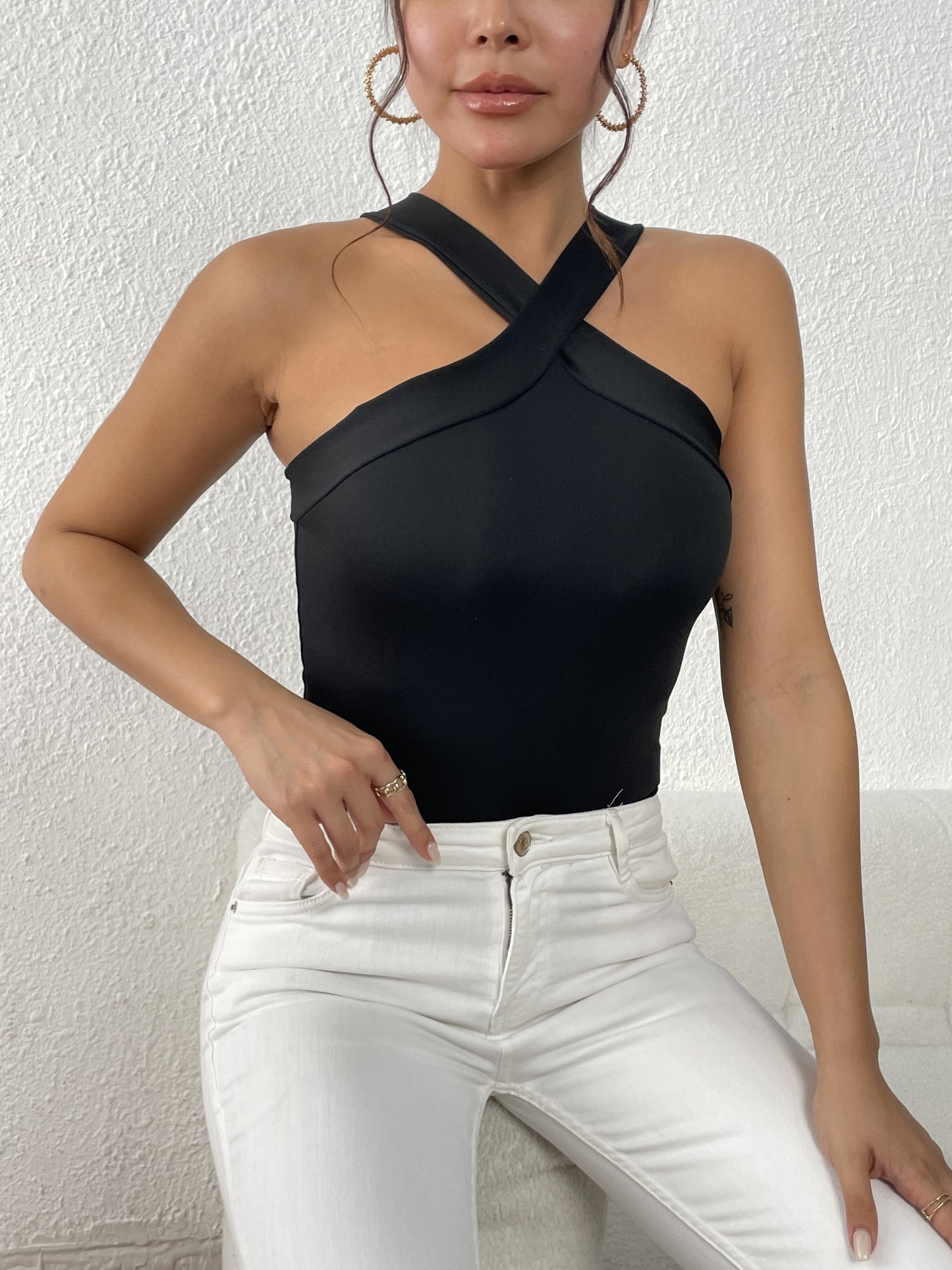 Sixsr Solid Criss Cross Tank Top, Casual Sleeveless Summer Halter Neck Tank Top, Women's Clothing