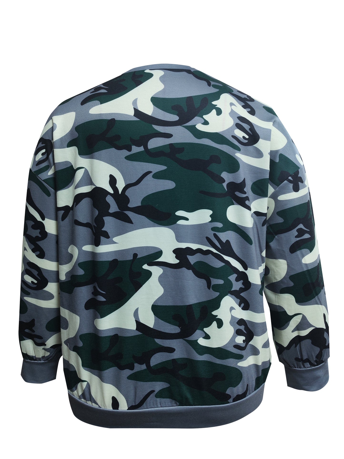 Sixsr Plus Size Casual Sweatshirt, Women's Plus Camo Print Long Sleeve Round Neck Slight Stretch Pullover Top