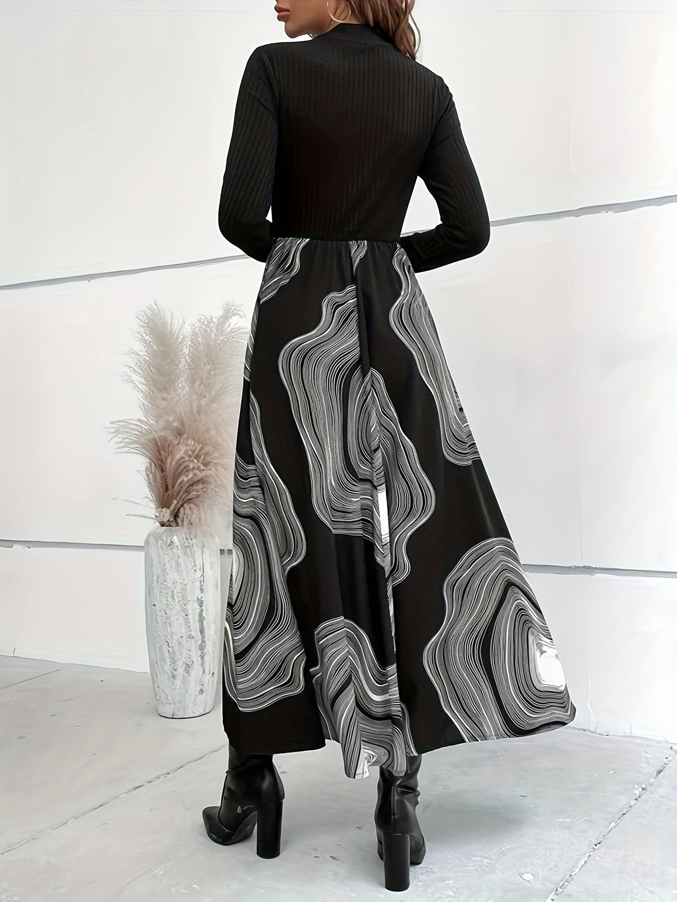 Sixsr Abstract Print Long Sleeve Dress, Elegant Round Neck A-line Dress For Spring & Fall, Women's Clothing