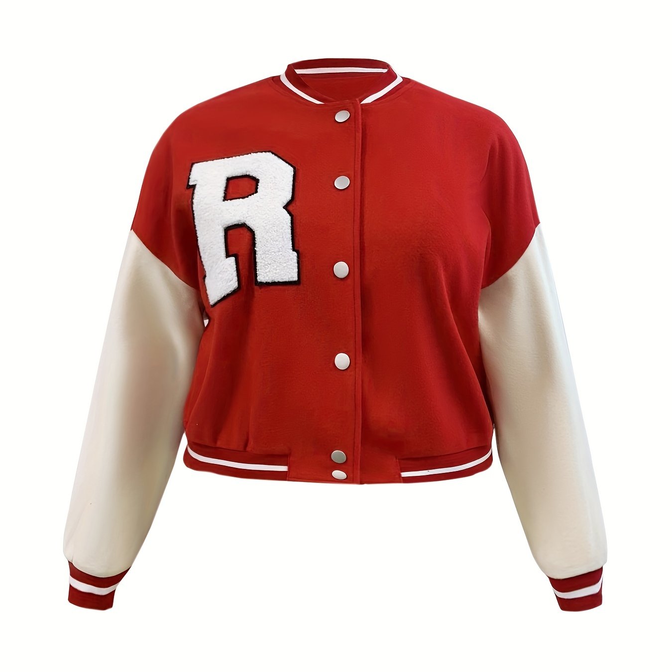 Sixsr Plus Size Casual Jacket, Women's Plus Letter Patched Button Up Striped Trim Drop Shoulder Crop Varsity Jacket