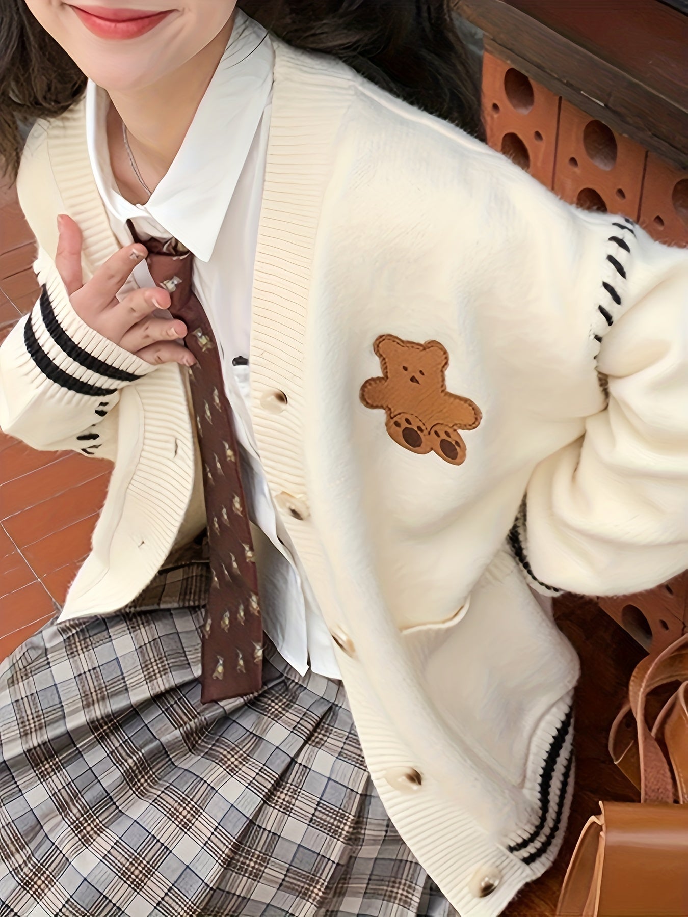 Sixsr Cartoon Bear Embroidered Knit Cardigan, Elegant V Neck Button Front Long Sleeve Sweater, Women's Clothing