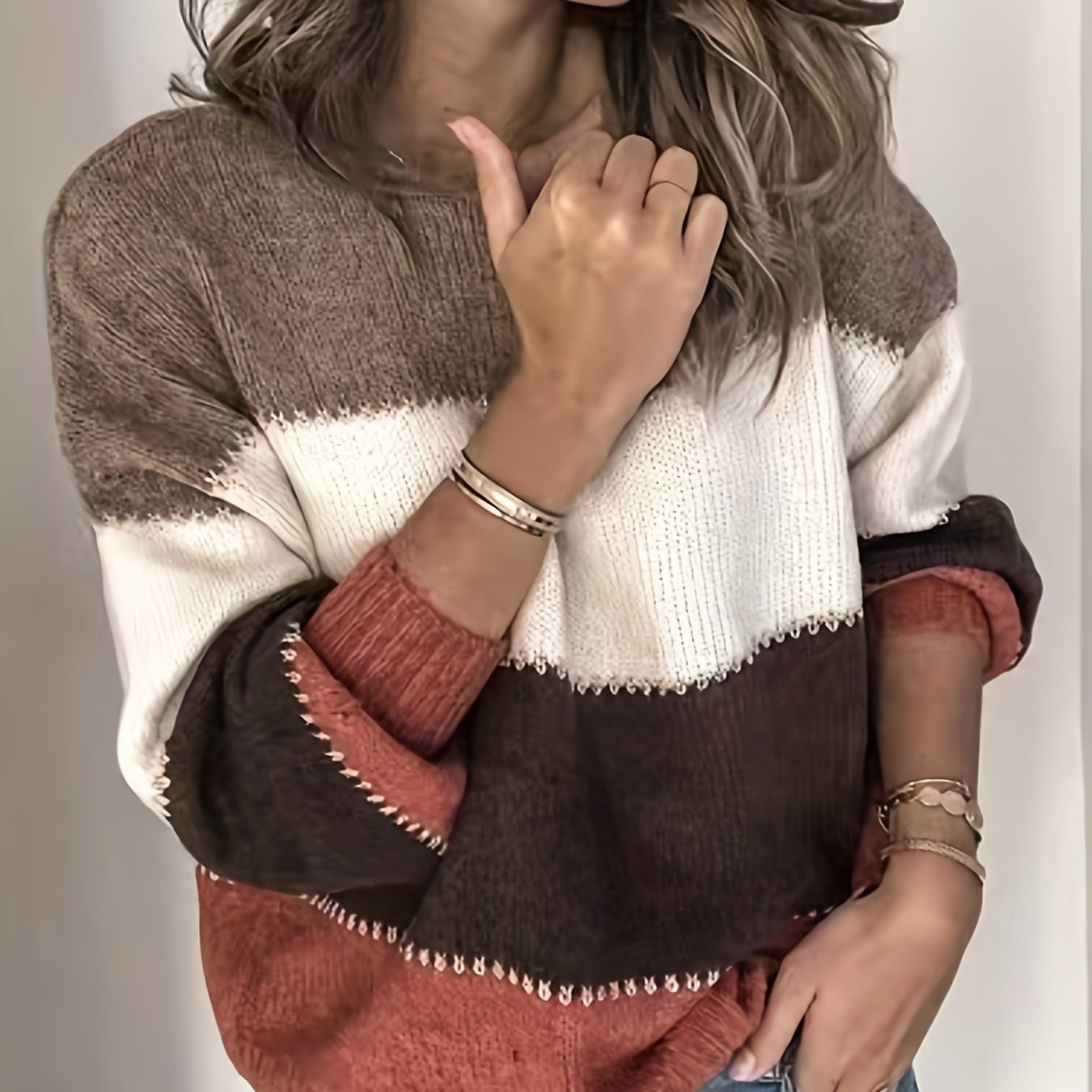 Sixsr Plus Size Casual Sweater, Women's Plus Colorblock Log Sleeve Round Neck Medium Stretch Jumper