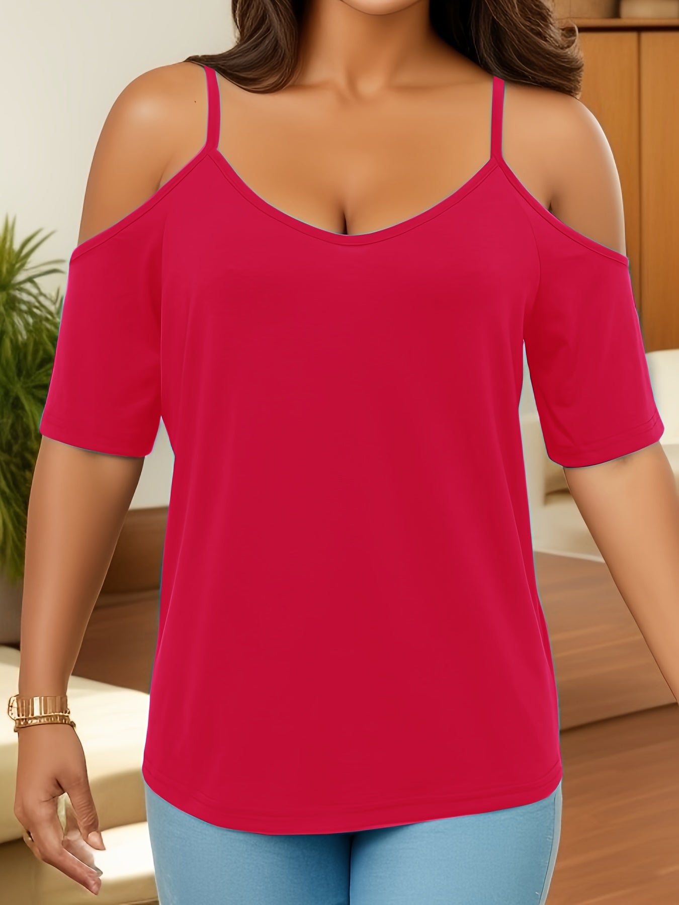 Sixsr Cold Shoulder V Neck T-Shirt, Casual Short Sleeve T-Shirt For Spring & Summer, Women's Clothing
