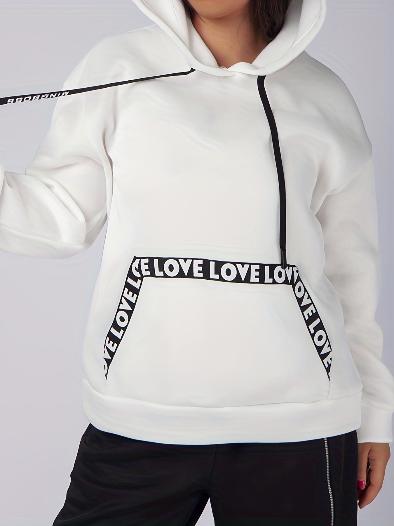 Sixsr Plus Size Casual Sweatshirt, Women's Plus Letter Tape Long Sleeve Slight Stretch Drawstring Hoodie With Giant Pocket