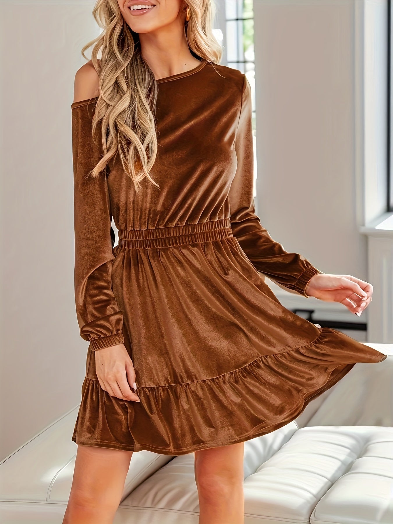 Sixsr Solid Velvet One-shoulder Dress, Casual Long Sleeve Cinched Waist Ruffle Hem Dress For Spring & Fall, Women's Clothing