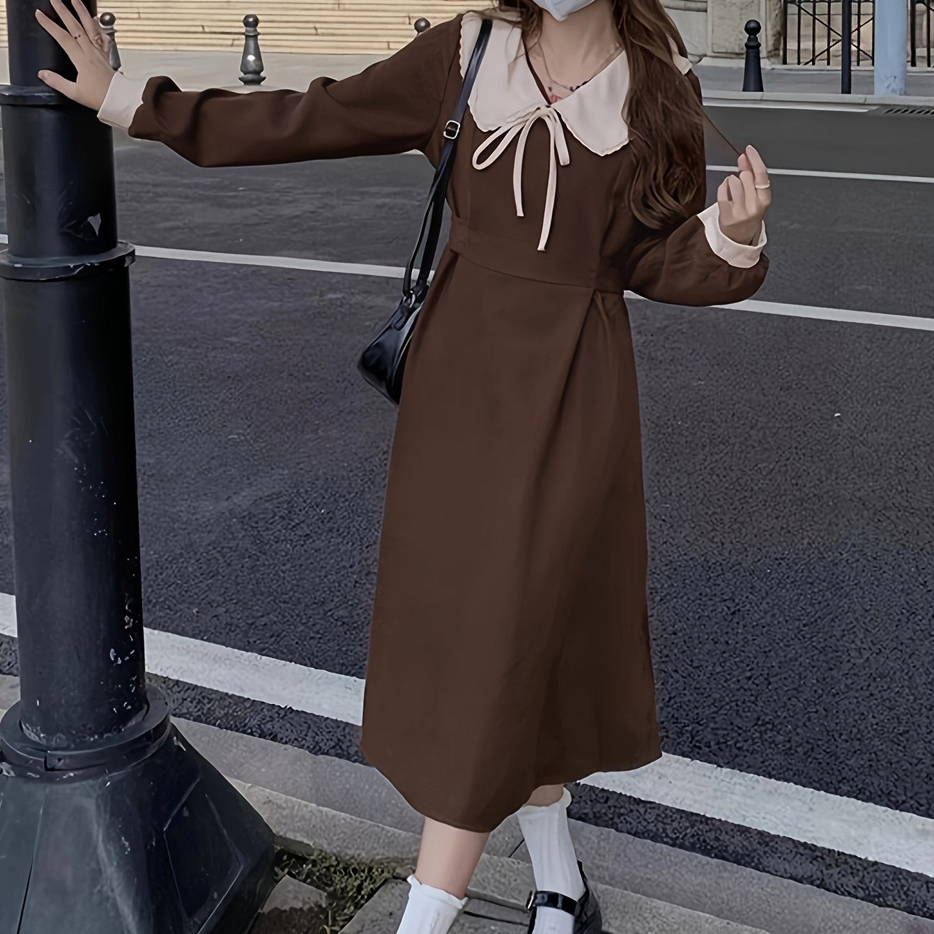 Sixsr Color Block Peter Pan Collar Dress, Casual Long Sleeve A-line Tied Dress, Women's Clothing