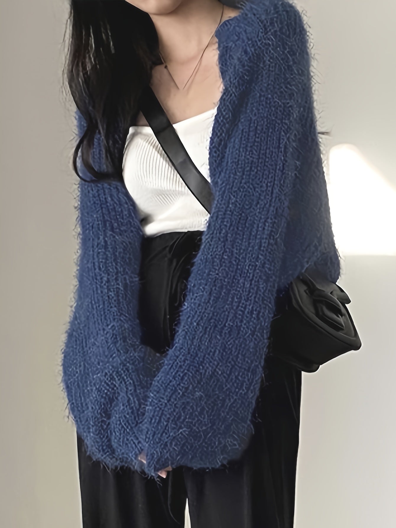 Sixsr Solid Open Front Knit Cardigan, Casual Long Sleeve Loose Crop Sweater, Women's Clothing