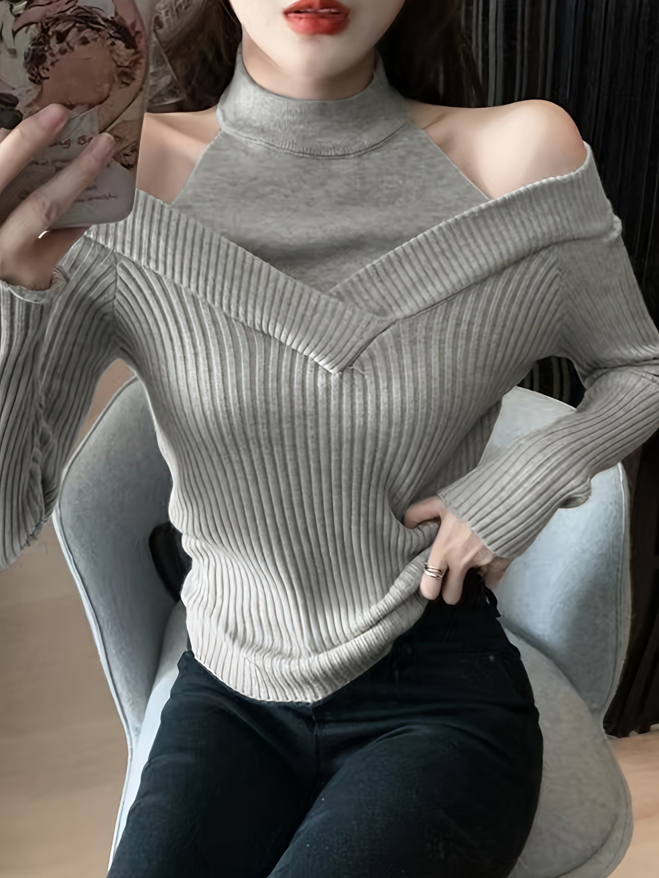 Sixsr Cold Shoulder Choker Neck Sweater, Chic Long Sleeve Sweater For Fall & Winter, Women's Clothing