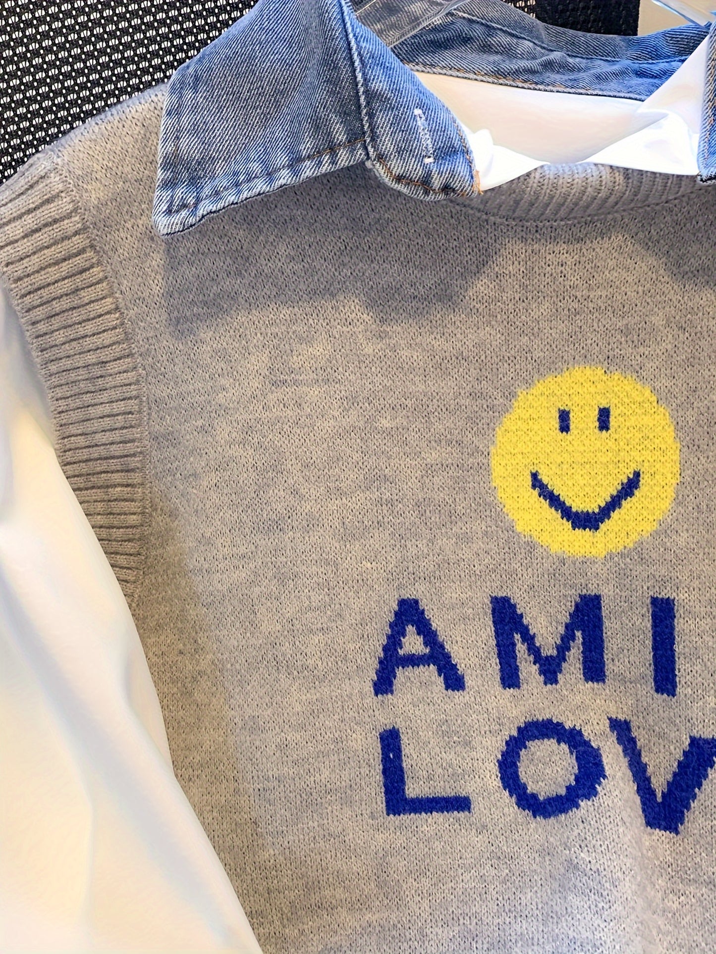 Smile Face & Letter Print Sweater Vest, Casual Sleeveless Vest For Fall & Winter, Women's Clothing