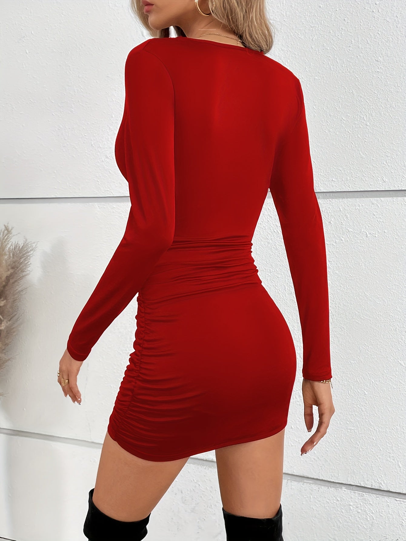 Sixsr Ladies Sexy Ruched Ruffle Skinny Dresses, Sexy Solid Stretchy Long Sleeve V Neck Dresses, Women's Clothing