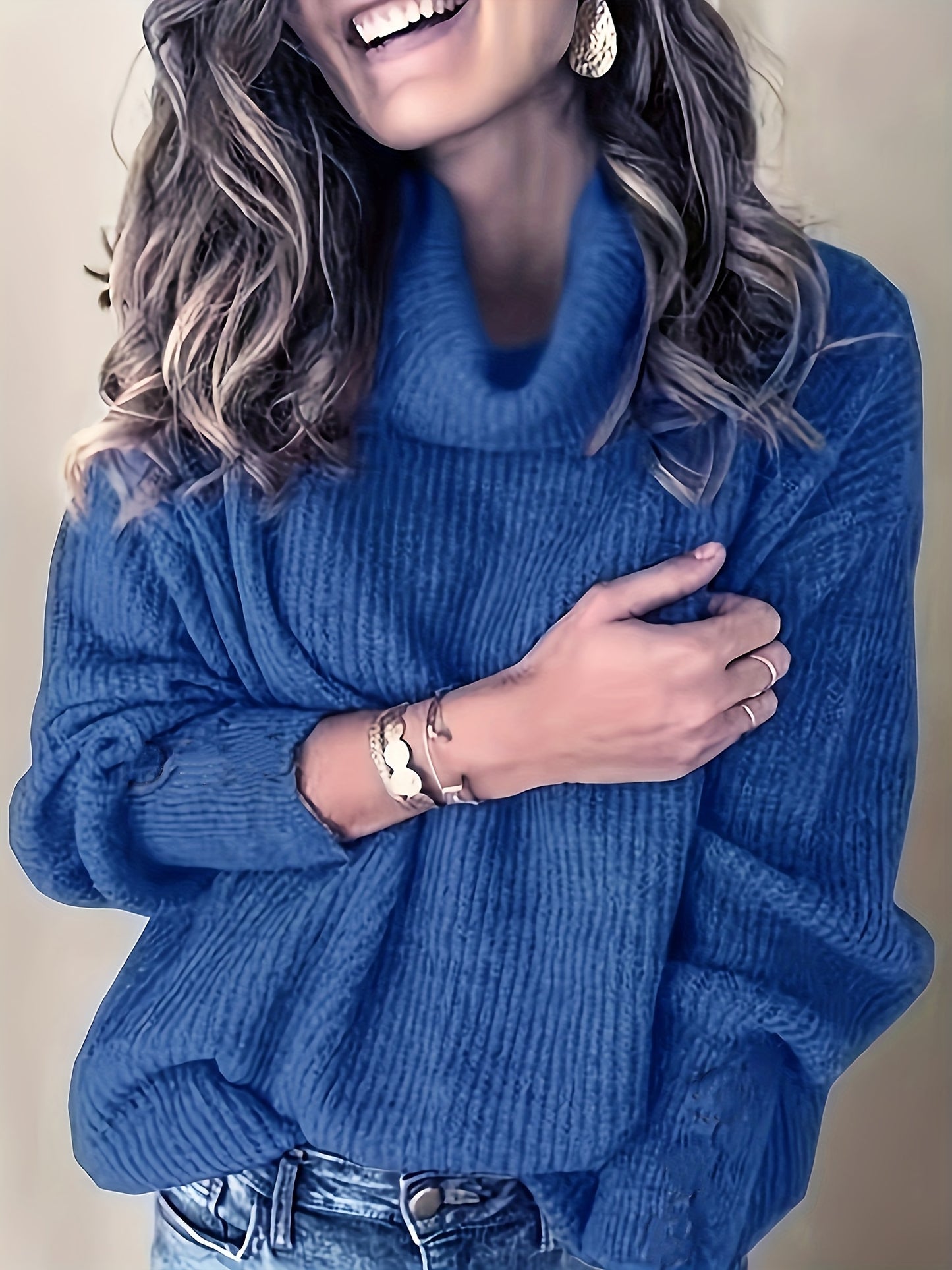 Sixsr Plus Size Casual Sweater, Women's Plus Solid Ribbed Turtle Neck Long Sleeve Medium Stretch Sweater