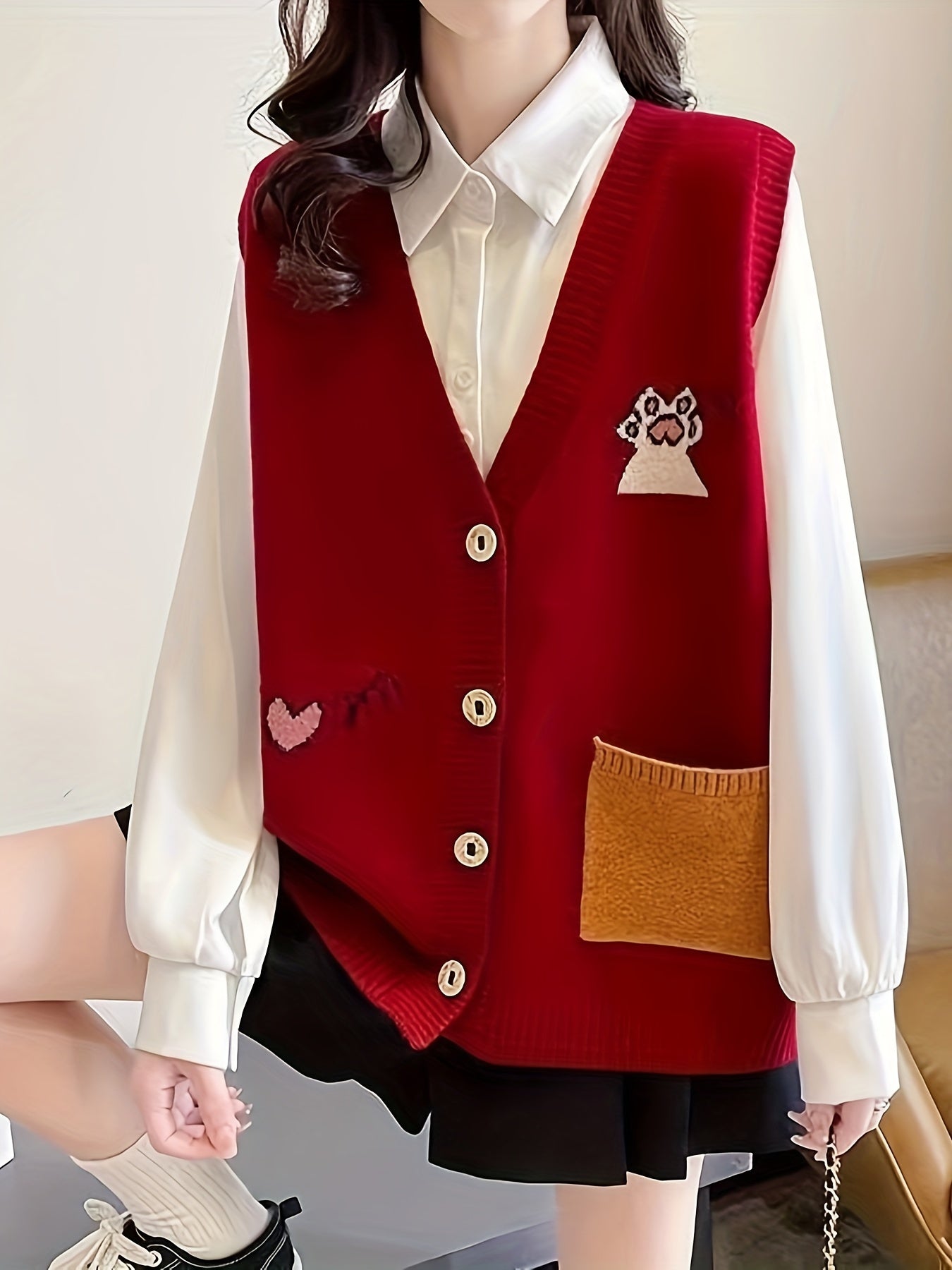Sixsr Cartoon Pattern Button Front Sweater Veat, Elegant Sleeveless Vest, Women's Clothing