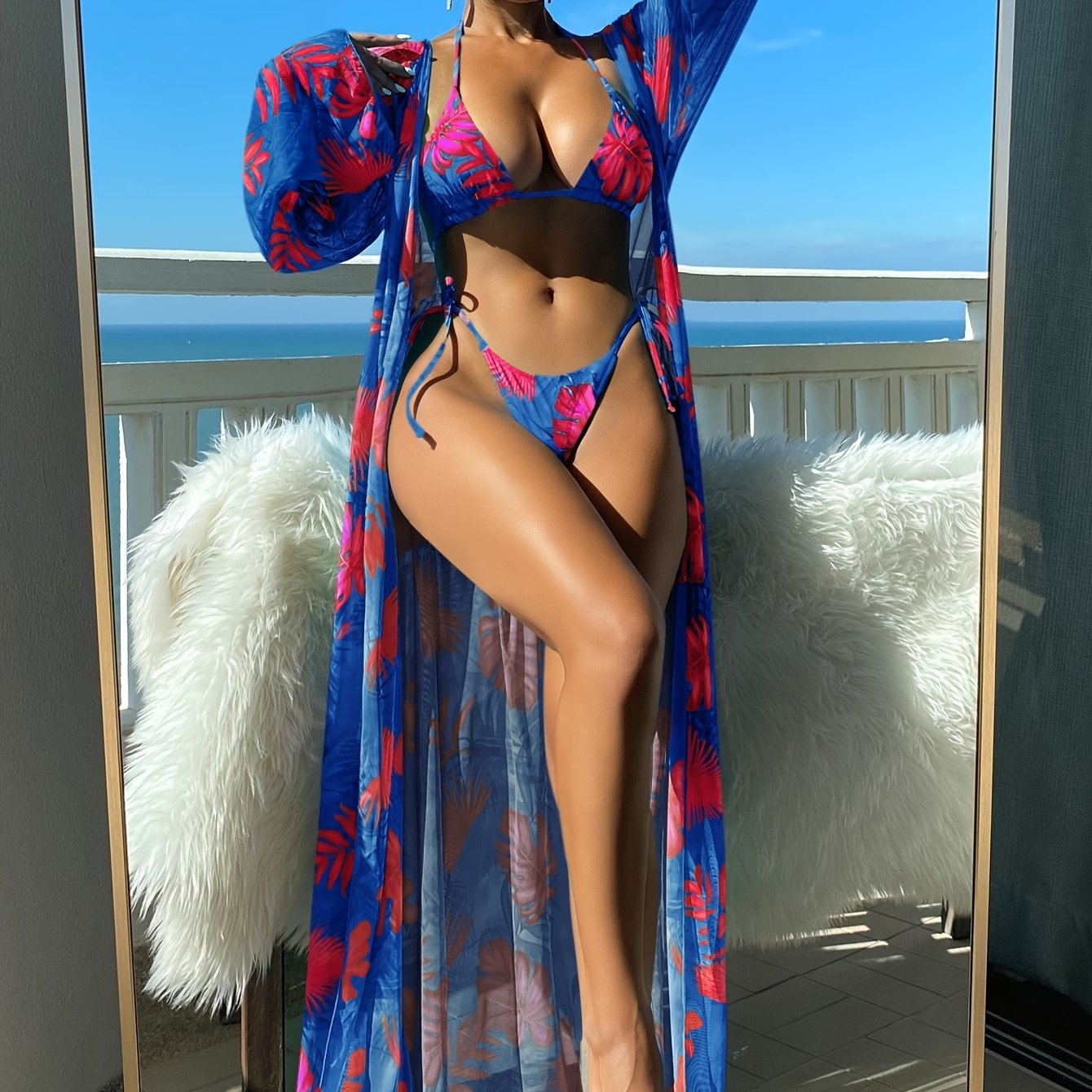 Sixsr Tropical Leaf Print Stretchy 3 Piece Set Bikini With Long Sleeve Kimono, Halter Stretchy Tie Strap Swimsuits, Women's Swimwear & Clothing