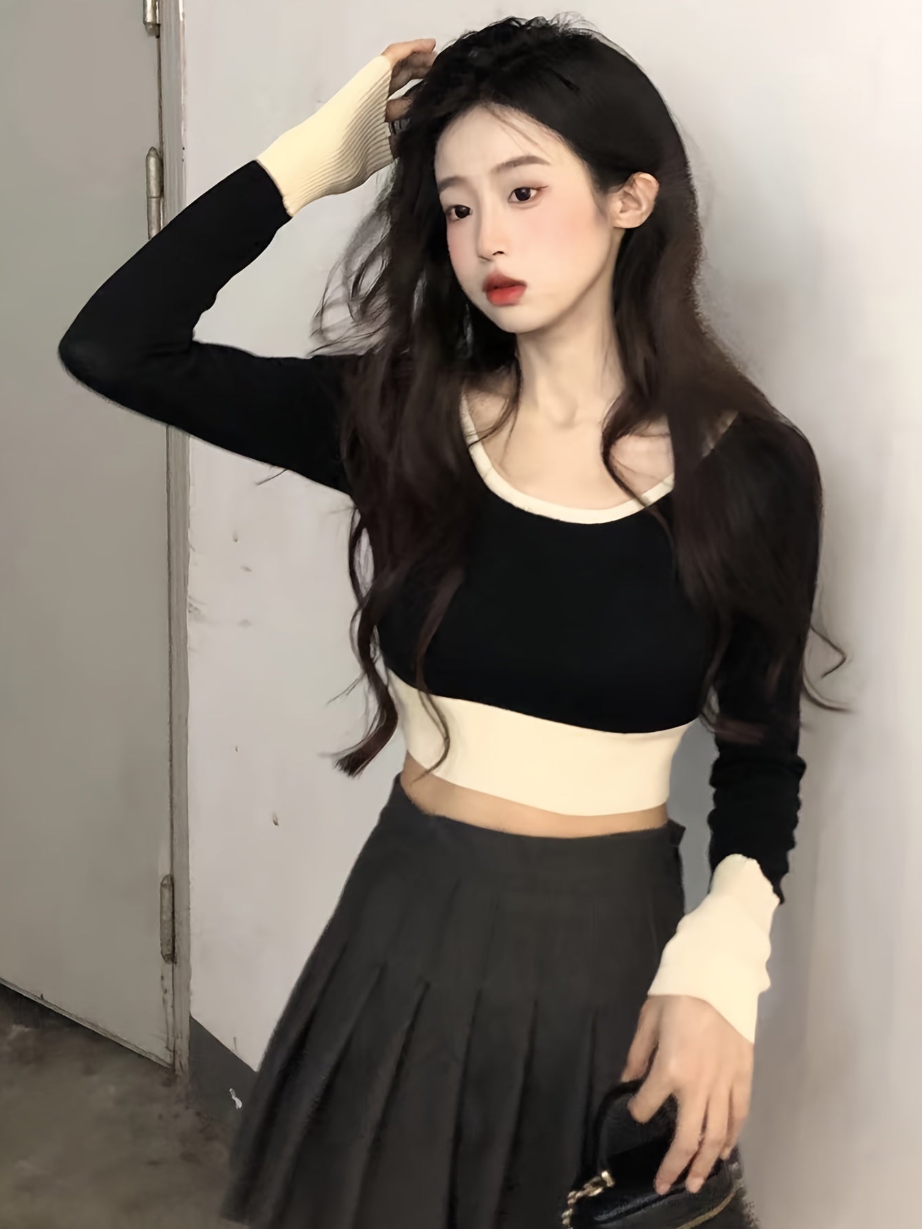 Sixsr Color Block Scoop Neck Knitted Top, Vintage Long Sleeve Crop Fashion Sweater, Women's Clothing