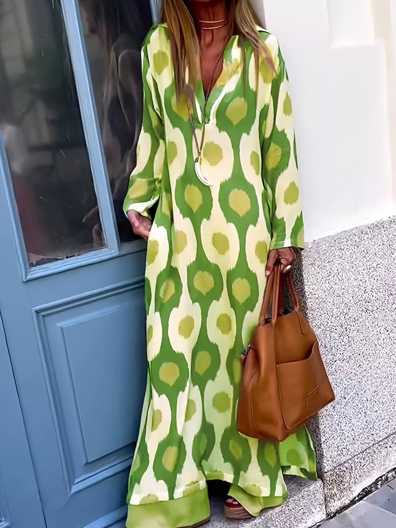Sixsr Graphic Print Split Dress, Vintage V Neck Long Sleeve Maxi Dress, Women's Clothing