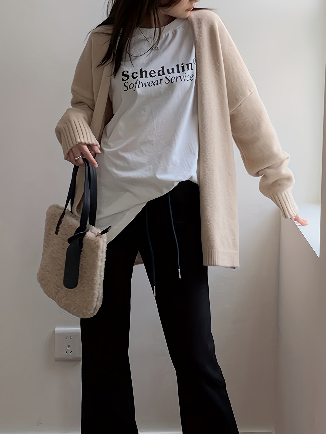 Sixsr Solid Open Front Knit Cardigan, Casual Long Sleeve Drop Shoulder Loose Sweater, Women's Clothing