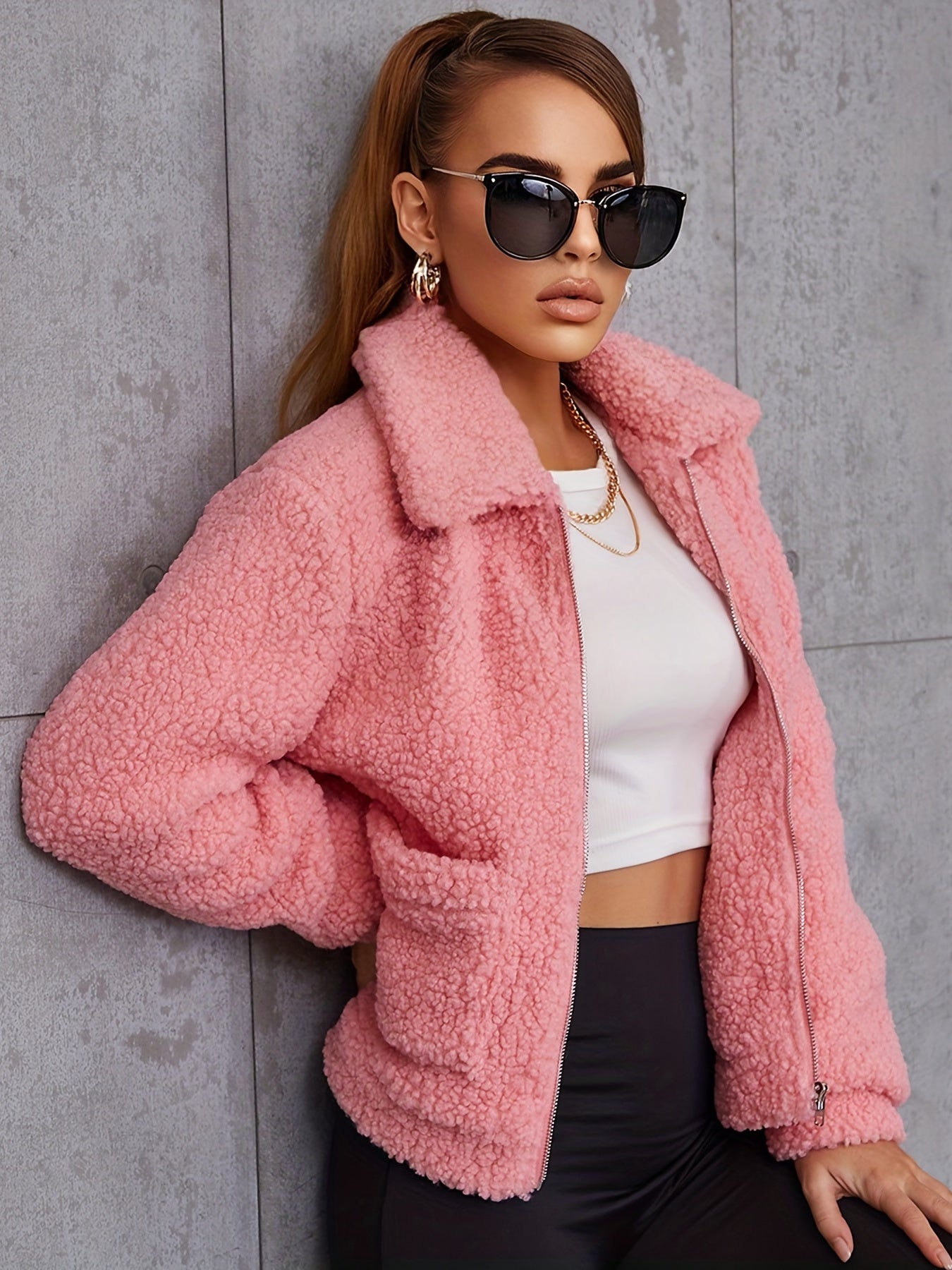 Sixsr Solid Zipper Up Lapel Neck Plush Coat, Casual Long Sleeve Outerwear For Fall & Winter, Women's Clothing