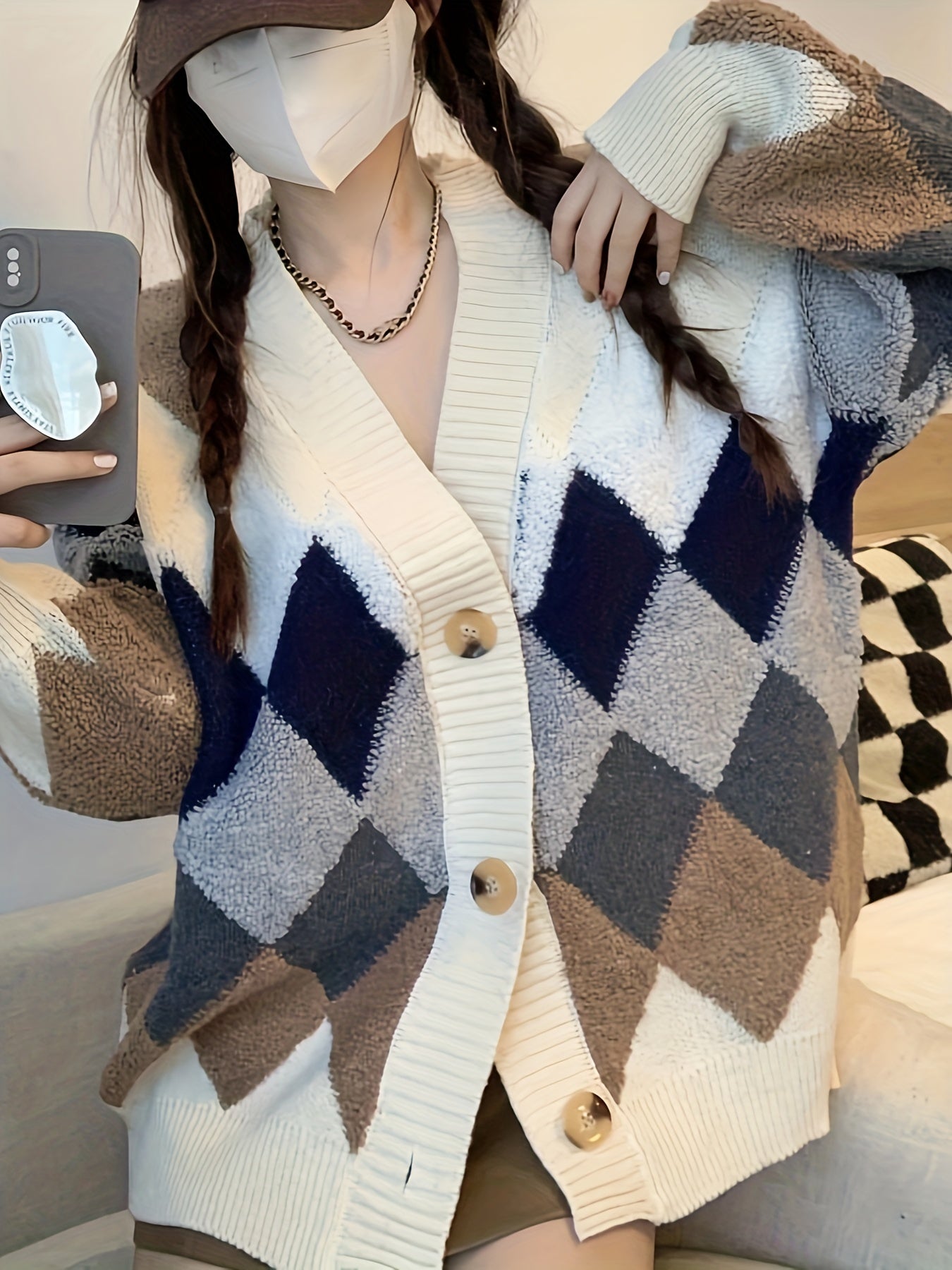 Sixsr Plaid Button Down Knit Cardigan, Casual Long Sleeve Thick Sweater Coat, Women's Clothing