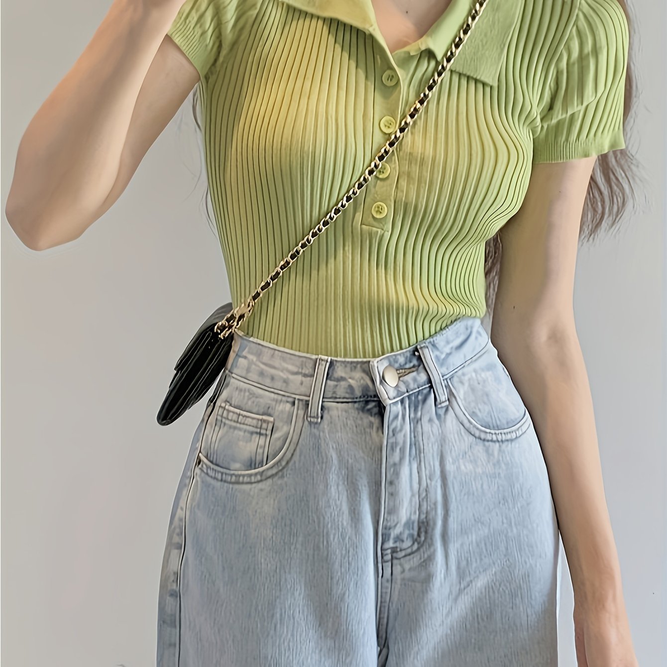 Sixsr Button Front V Neck Knit Sweater, Elegant Short Sleeve Slim Summer Knit Sweater, Women's Clothing