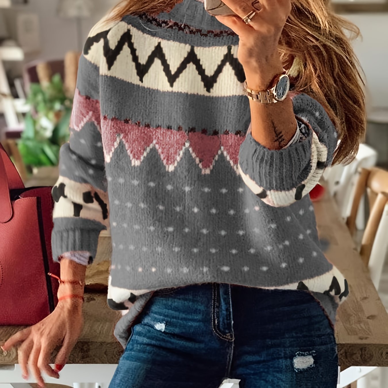 Sixsr Graphic Pattern Mock Neck Sweater, Casual Long Sleeve Sweater For Fall & Winter, Women's Clothing