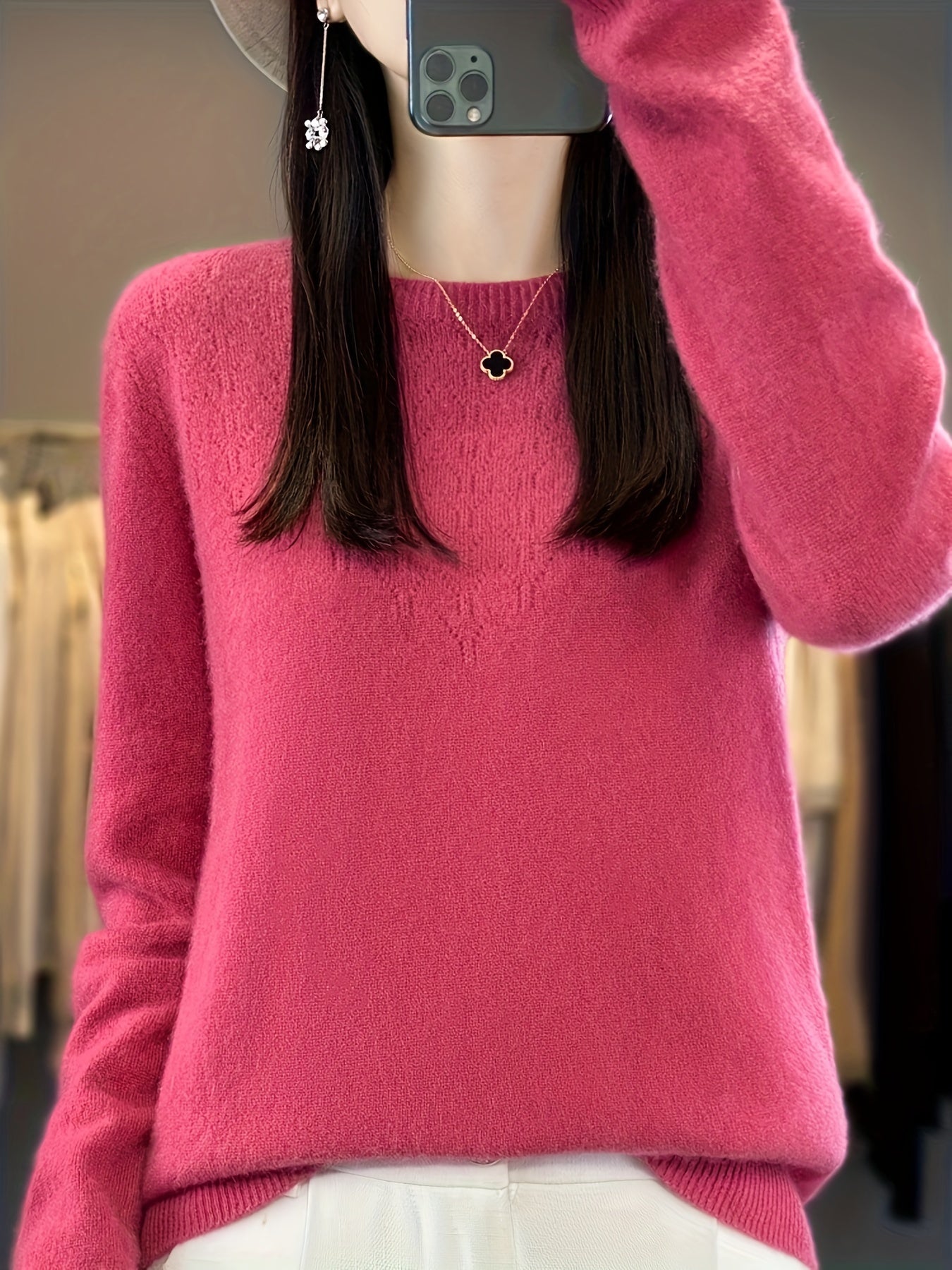 Sixsr Solid Crew Neck Wool Sweater, Casual Long Sleeve Cozy Basic Sweater, Women's Clothing