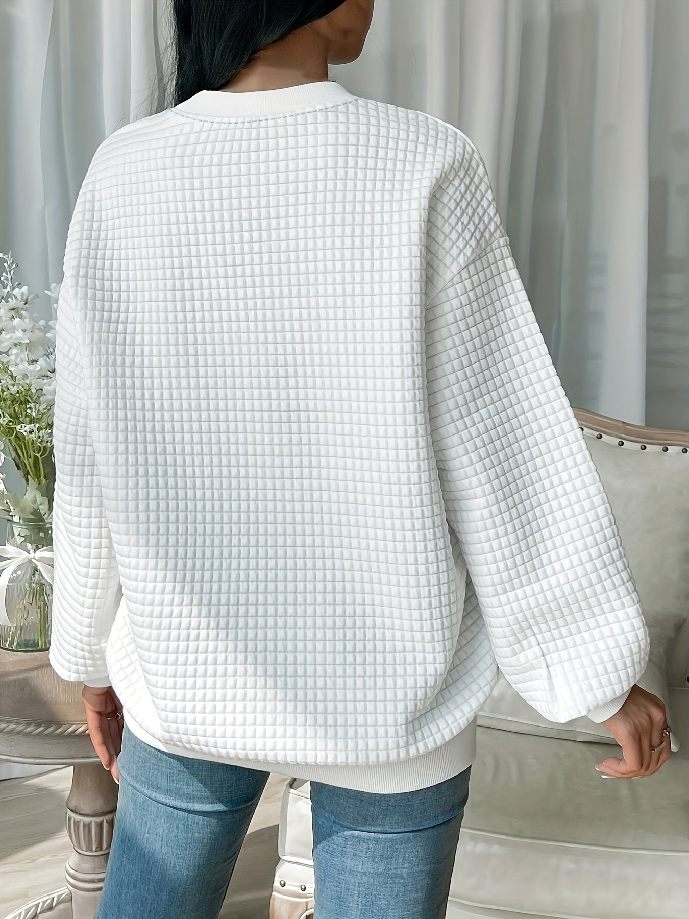 Sixsr Plus Size Casual Sweatshirt, Women's Plus Solid Waffle Pattern Long Sleeve Round Neck Sweatshirt