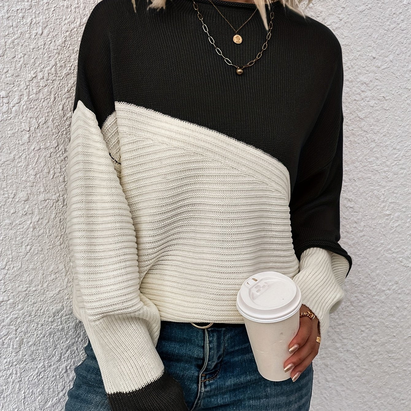 Sixsr Color Block Loose Pullover Sweater, Elegant Long Sleeve Drop Shoulder Sweater, Women's Clothing