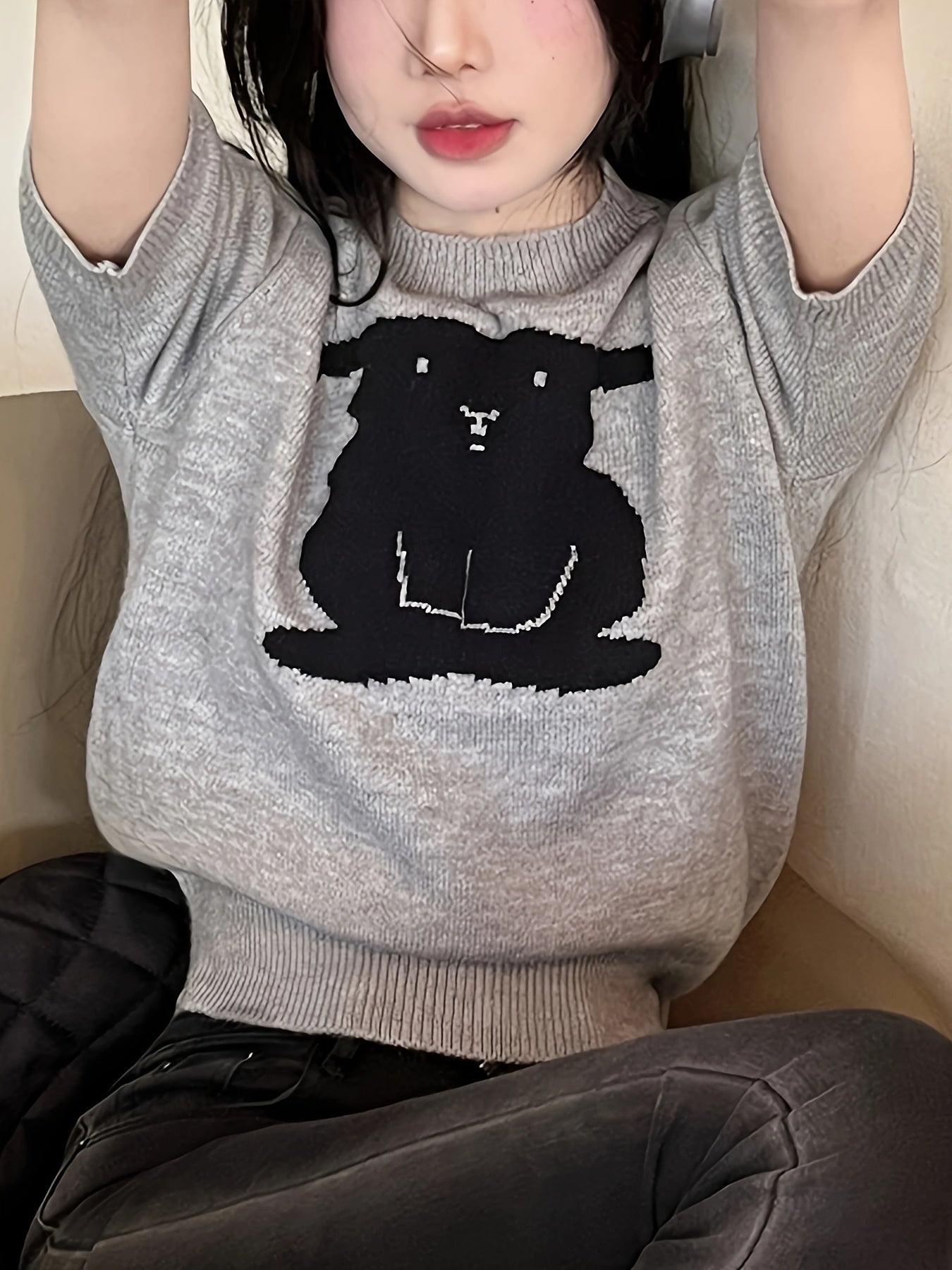 Sixsr Graphic Pattern Crew Neck Knitted Top, Casual Short Sleeve Sweater For Spring & Summer, Women's Clothing