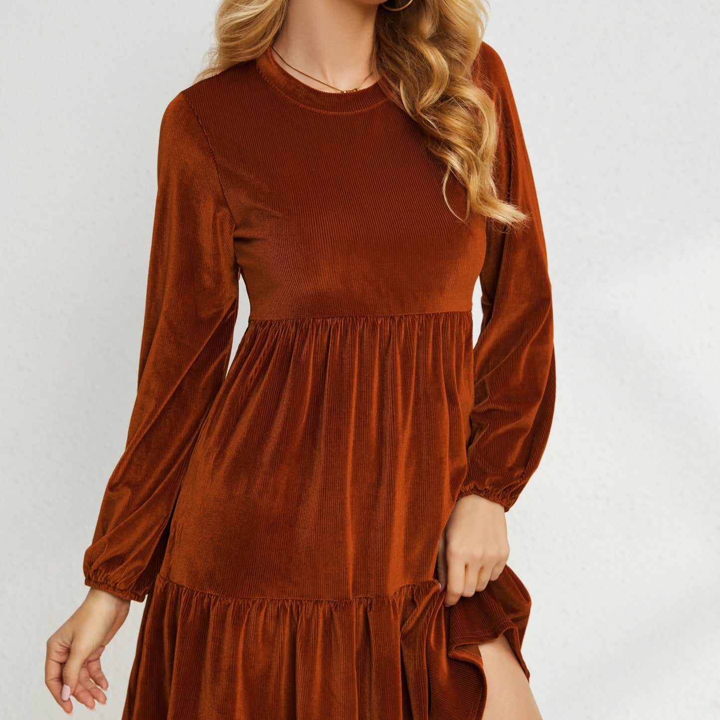 Sixsr Solid Tiered Dress, Casual Crew Neck Long Sleeve Dress, Women's Clothing