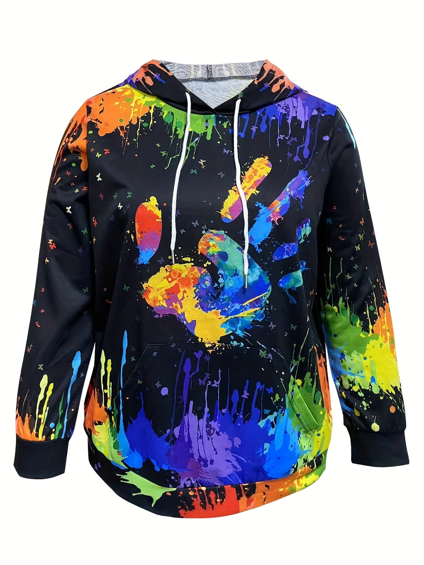 Sixsr Plus Size Casual Sweatshirt, Women's Plus Hand & Splash Painting Print Long Sleeve Drawstring Hooded Pullover Sweatshirt With Kangaroo Pockets, Casual Tops For Fall & Winter, Plus Size Women's Clothing