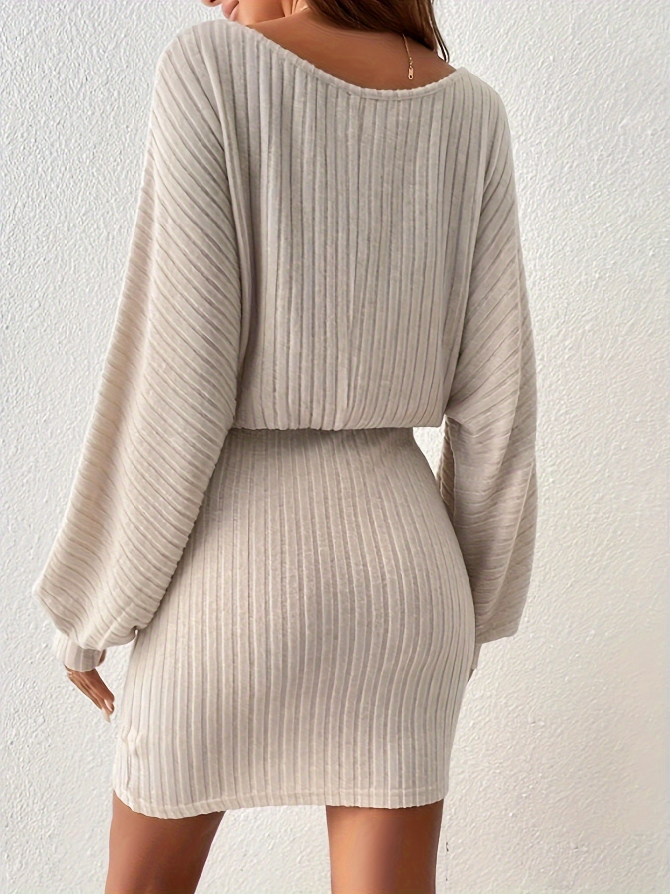 Sixsr Ribbed Boat Neck Dress, Elegant Solid Long Sleeve Bodycon Dress, Women's Clothing