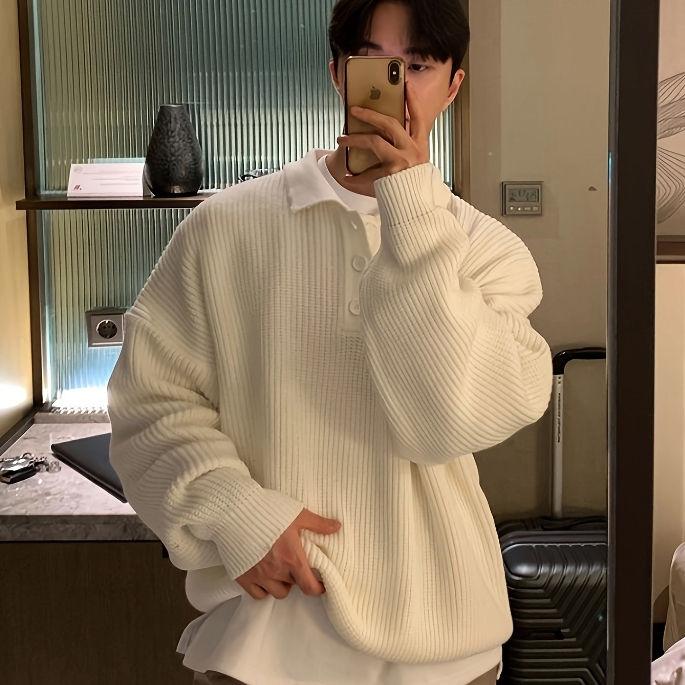 Sixsr Men's Stylish Loose Solid Knitted Sweater, Casual Breathable Long Sleeve Lapel Button Up Top For City Walk Street Hanging Outdoor Activities