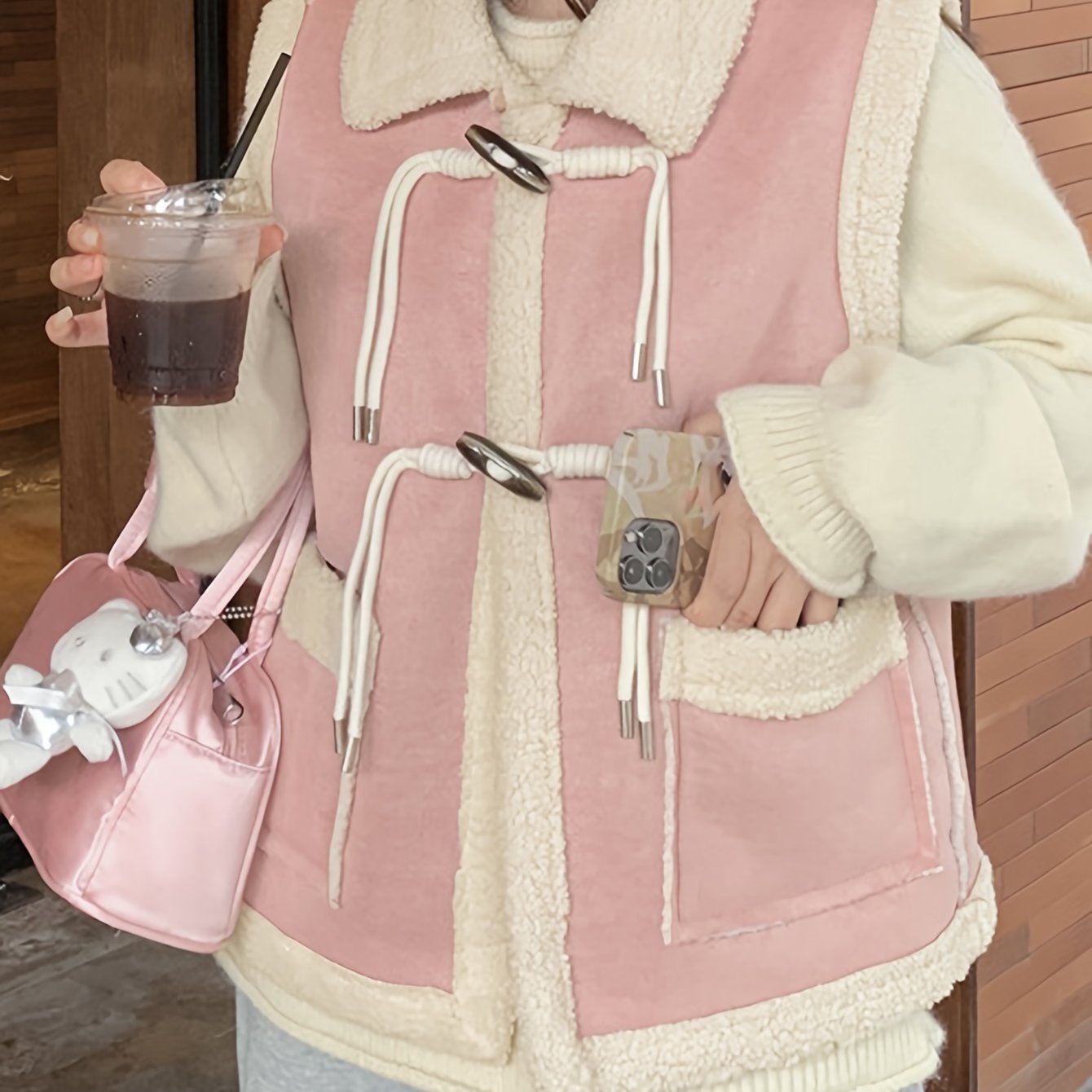 Sixsr Fuzzy Trim Solid Vest, Casual Buckle Front Sleeveless Warm Vest, Women's Clothing