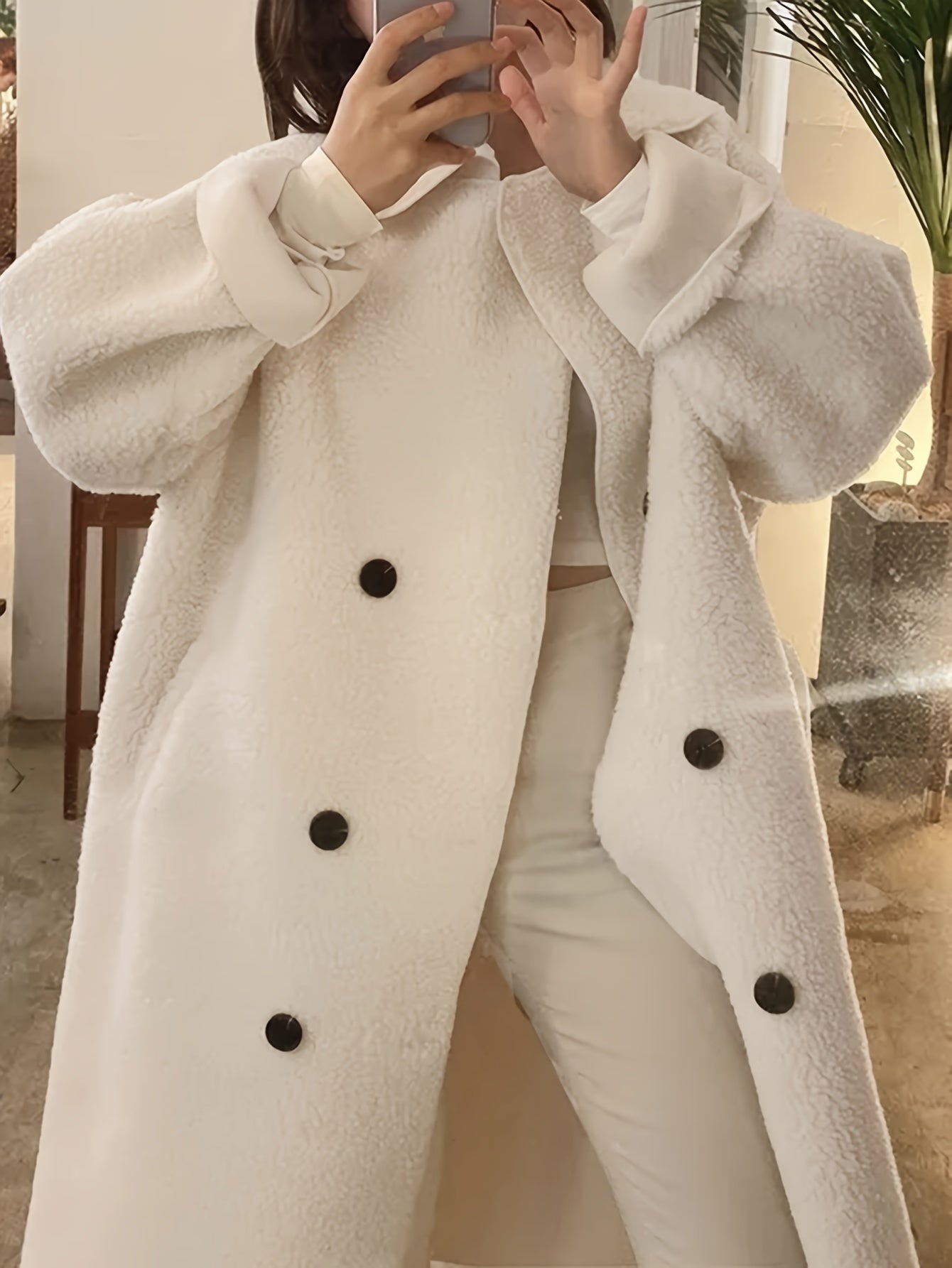 Sixsr Solid Double Breasted Belted Overcoat, Elegant Long Sleeve Outwear For Fall & Winter, Women's Clothing