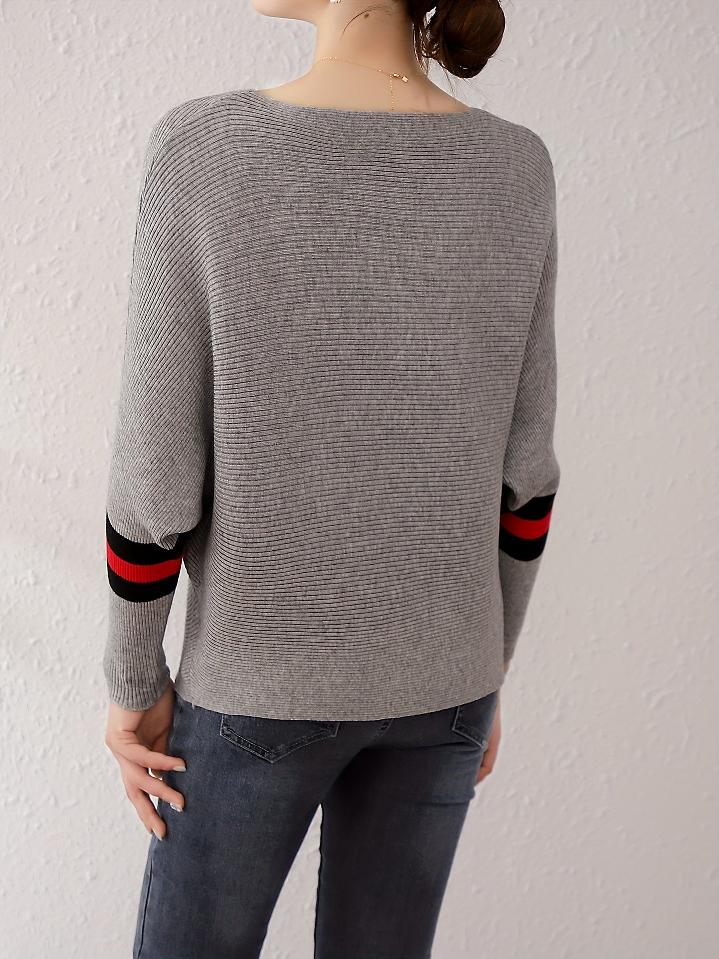 Sixsr Color Block Boat Neck Knit Sweater, Elegant Batwing Sleeve Sweater, Women's Clothing