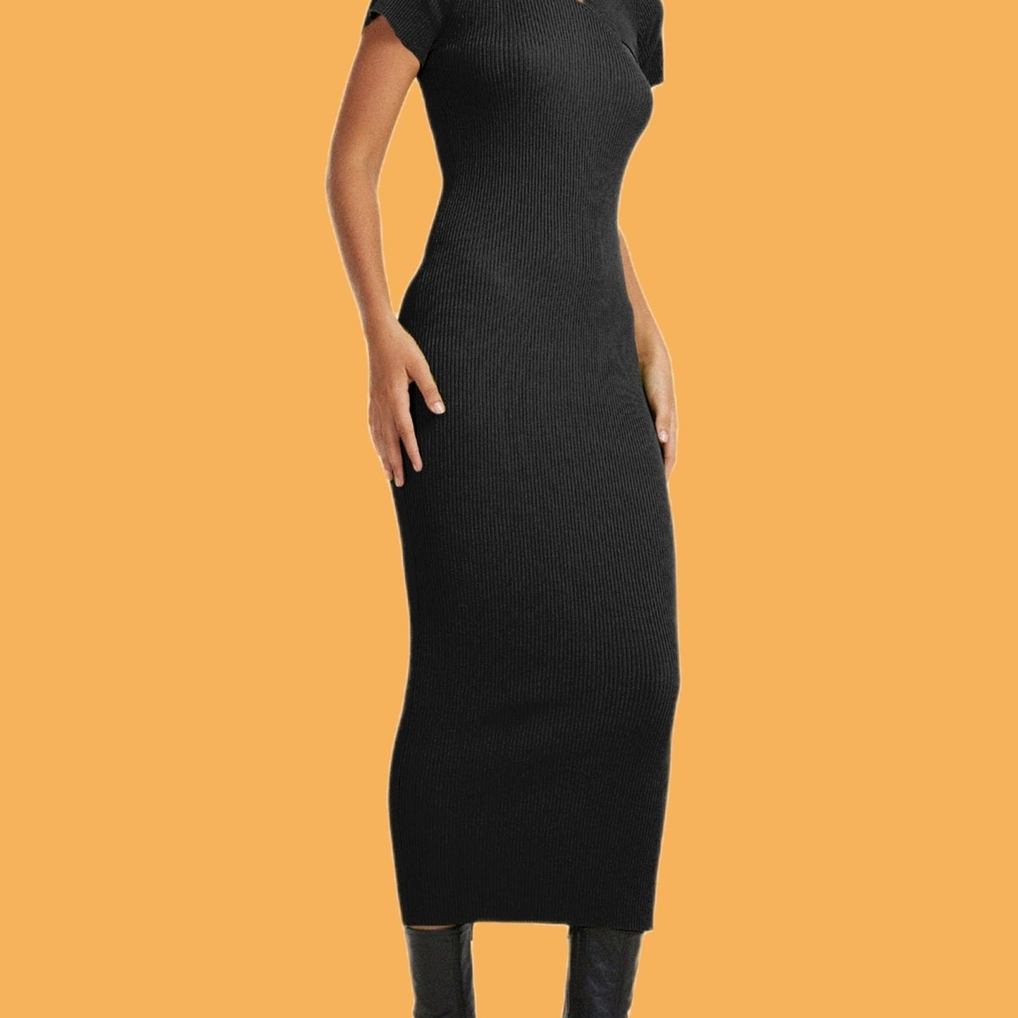 Sixsr Women's Dresses Sexy Casual Short Sleeve High Neck Hollowed Slim Fit Solid Bodycon Long Dress