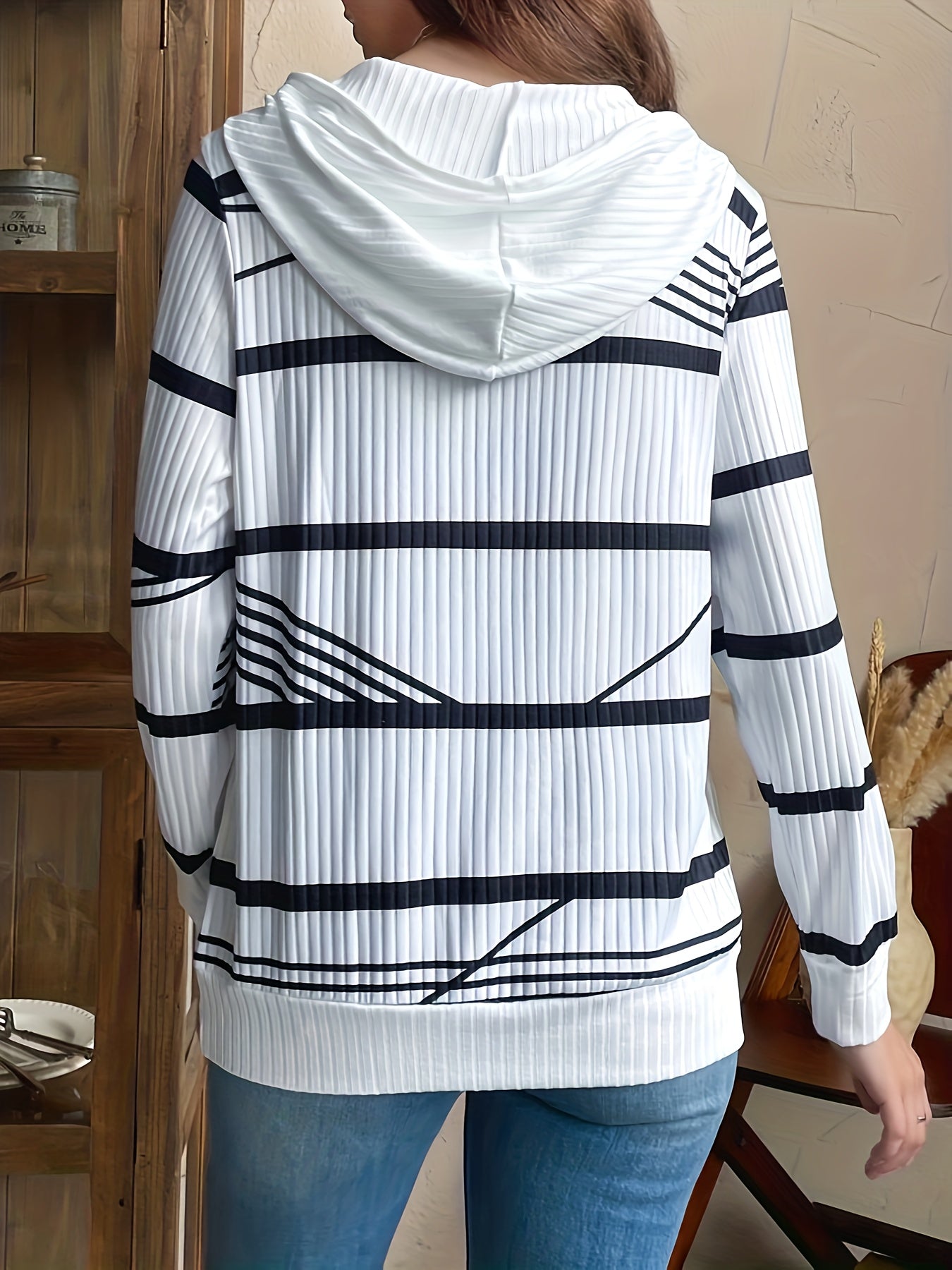 Sixsr Stripe Print Drawstring Hoodie, Casual Button Front Long Sleeve Hoodies, Women's Clothing
