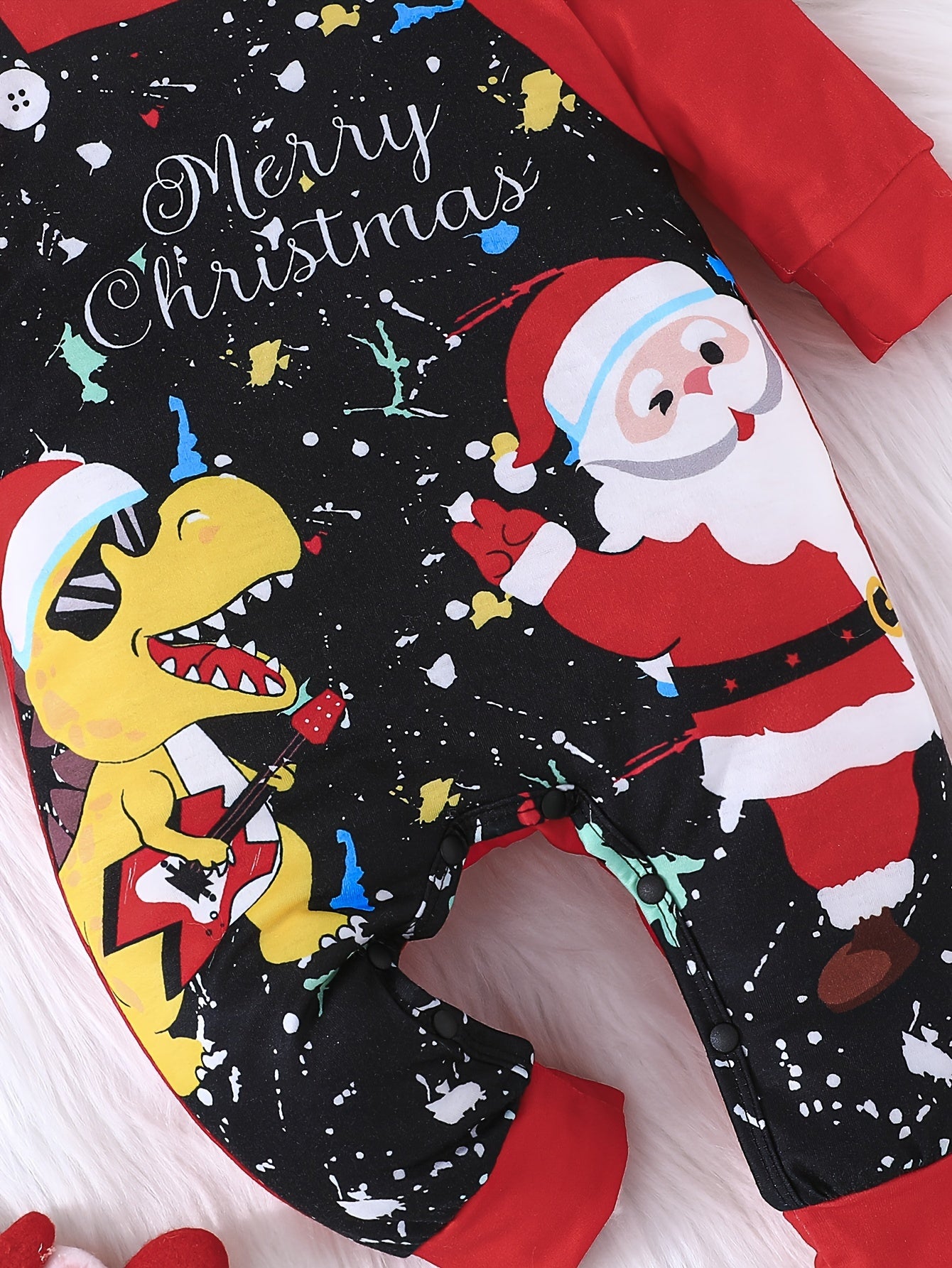 Baby's Cartoon Christmas Dinosaur Santa Pattern Faux Two-piece Long Sleeve Romper, Toddler & Infant Boy's Bodysuit, Suitable For Daily & Outdoor Wear