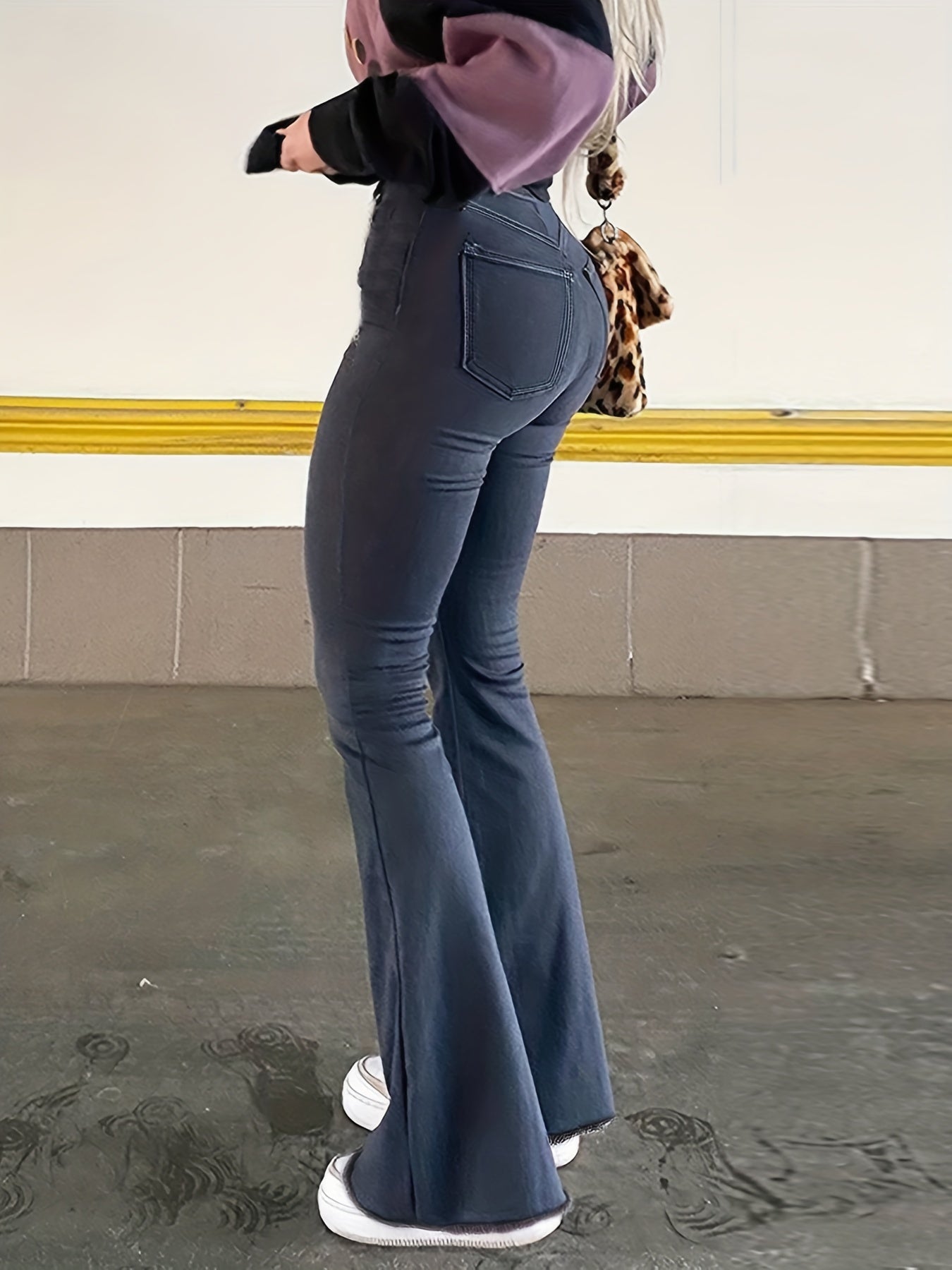Sixsr Denim Print Flare Leg Pants, Vintage High Waist Pants For Fall & Winter, Women's Clothing